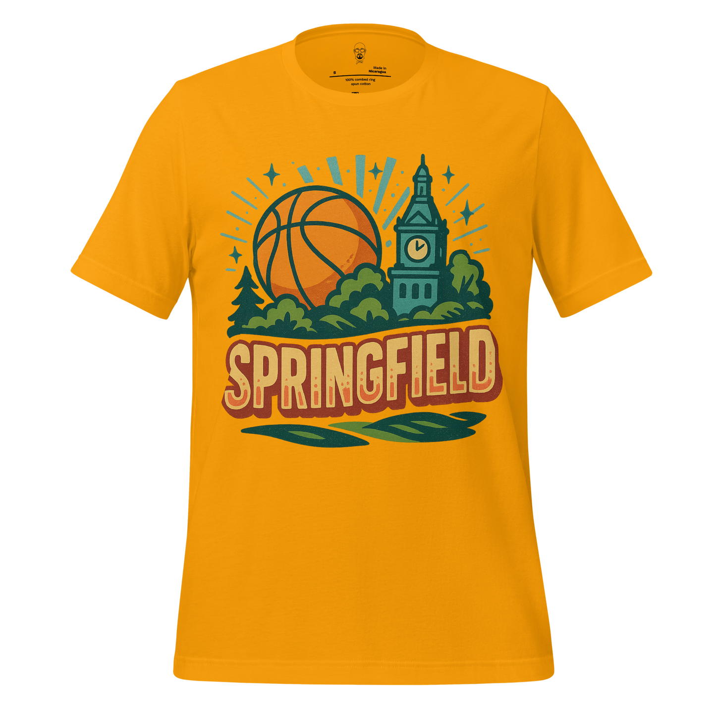 Yellow Springfield, Massachusetts Graphic T-Shirt with basketball and clock tower design
