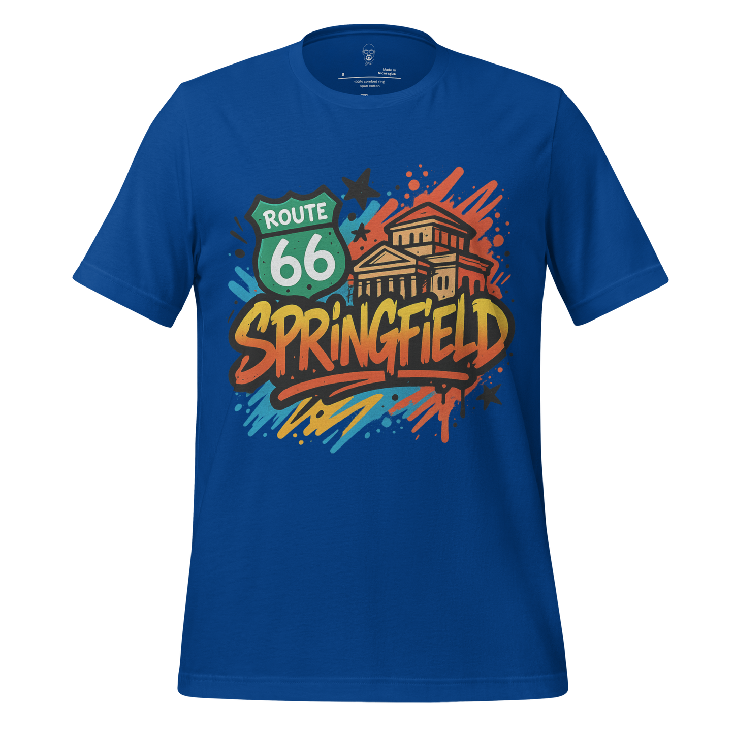 JMK Drip Springfield, Missouri Graphic T-Shirt in blue with Route 66 and colorful city design