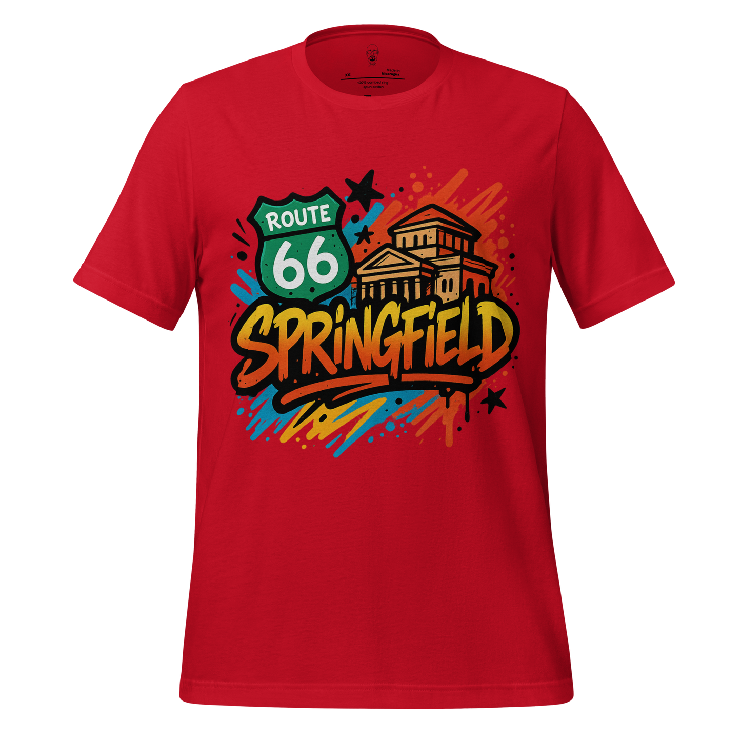 Red Springfield, Missouri Graphic T-Shirt with Route 66 and colorful city design by JMK Drip