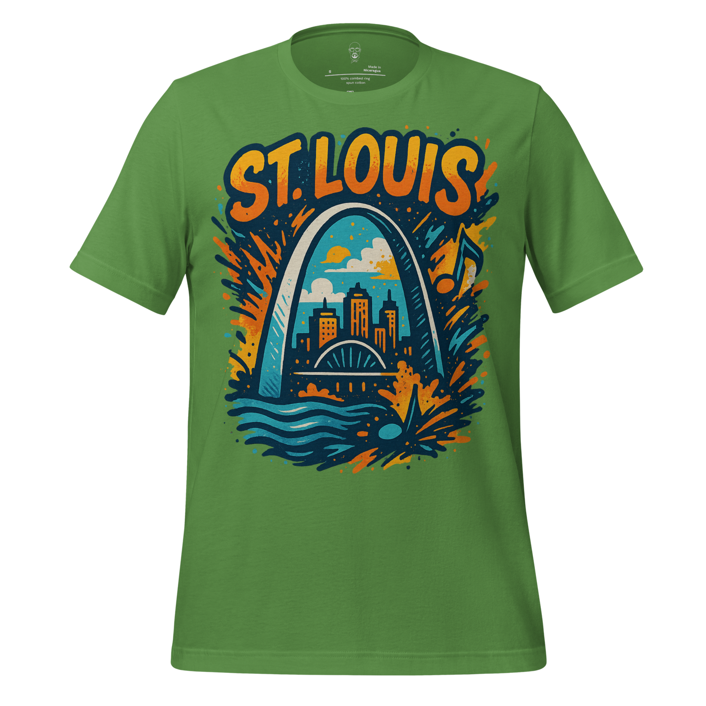 Green St. Louis Graphic T-Shirt by JMK Drip featuring colorful cityscape and arch design