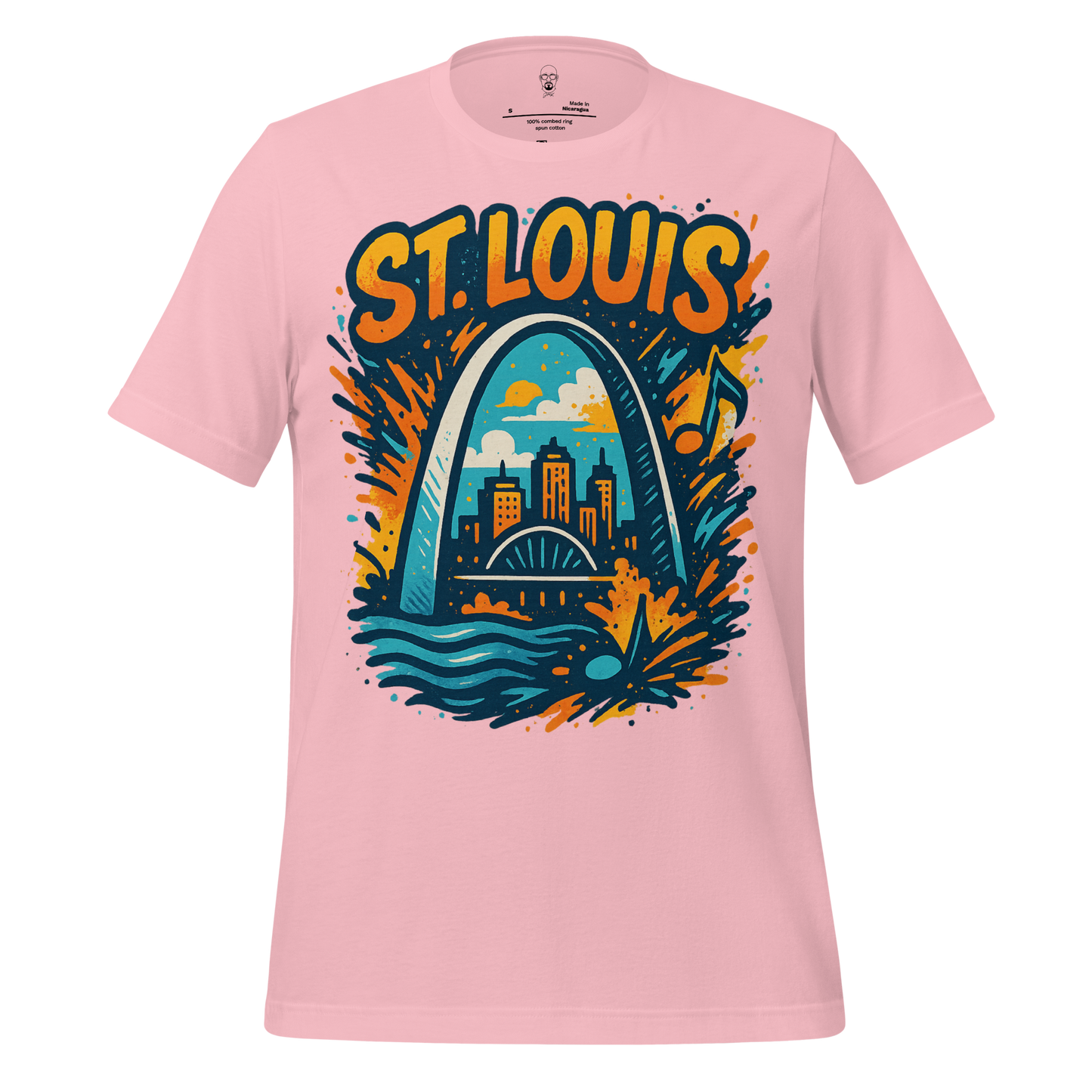 JMK Drip pink St. Louis Graphic T-Shirt featuring colorful city skyline and arch design