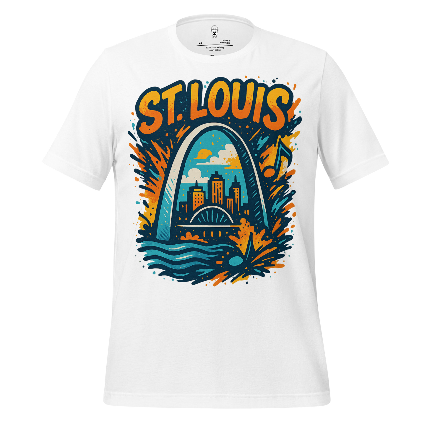 White St. Louis Graphic T-Shirt with colorful city skyline and arch design by JMK Drip