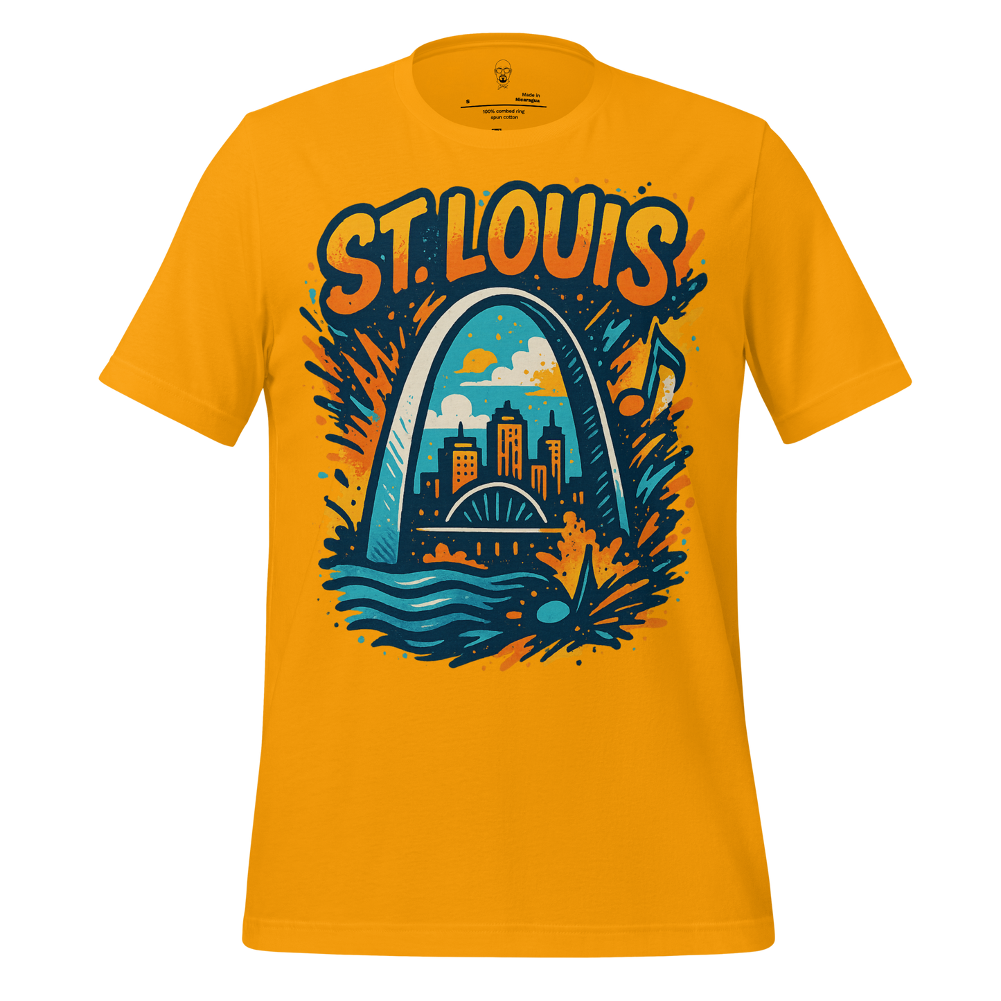 JMK Drip yellow St. Louis Graphic T-Shirt featuring colorful cityscape and Gateway Arch design
