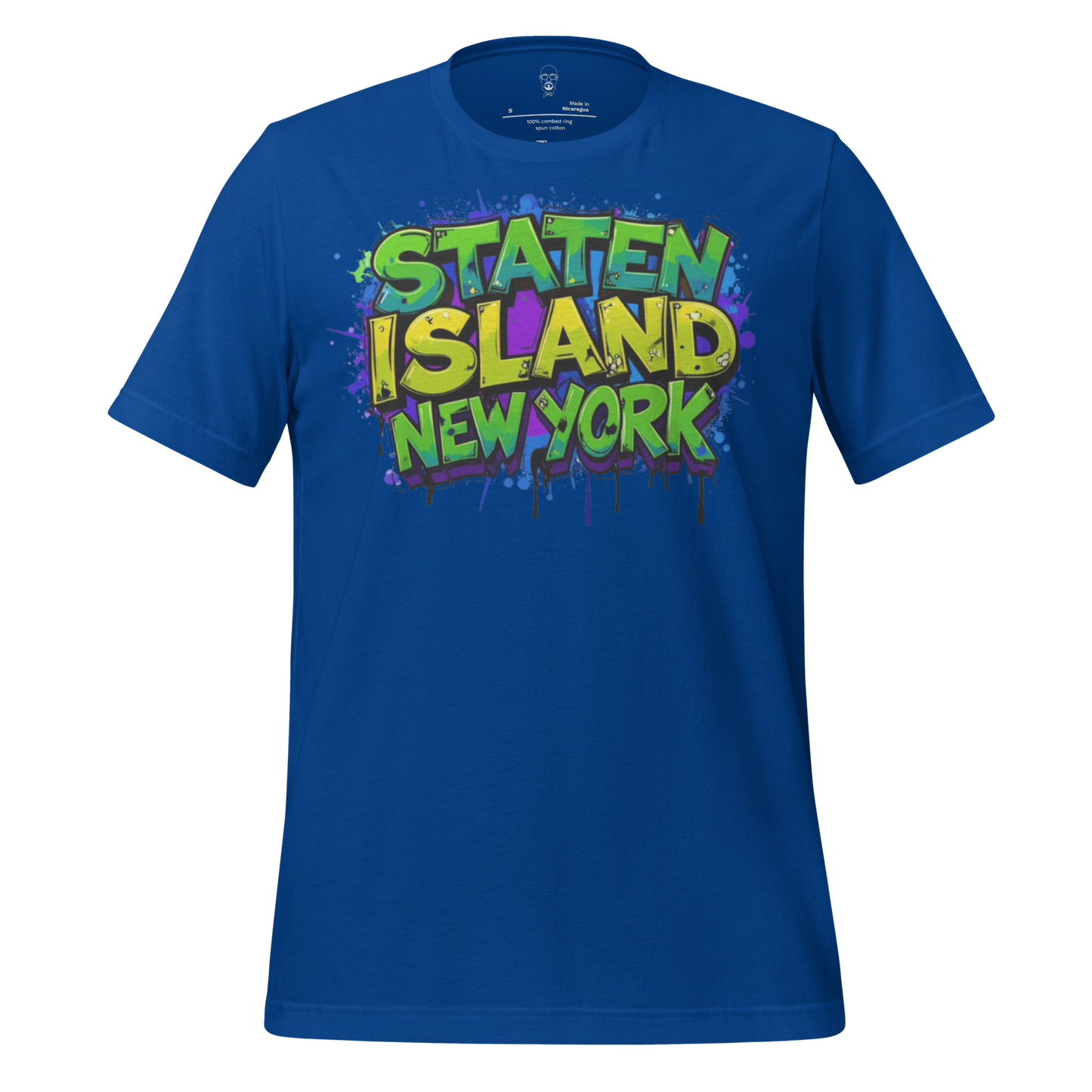 Blue Staten Island t-shirt with vibrant graffiti style green and yellow text logo