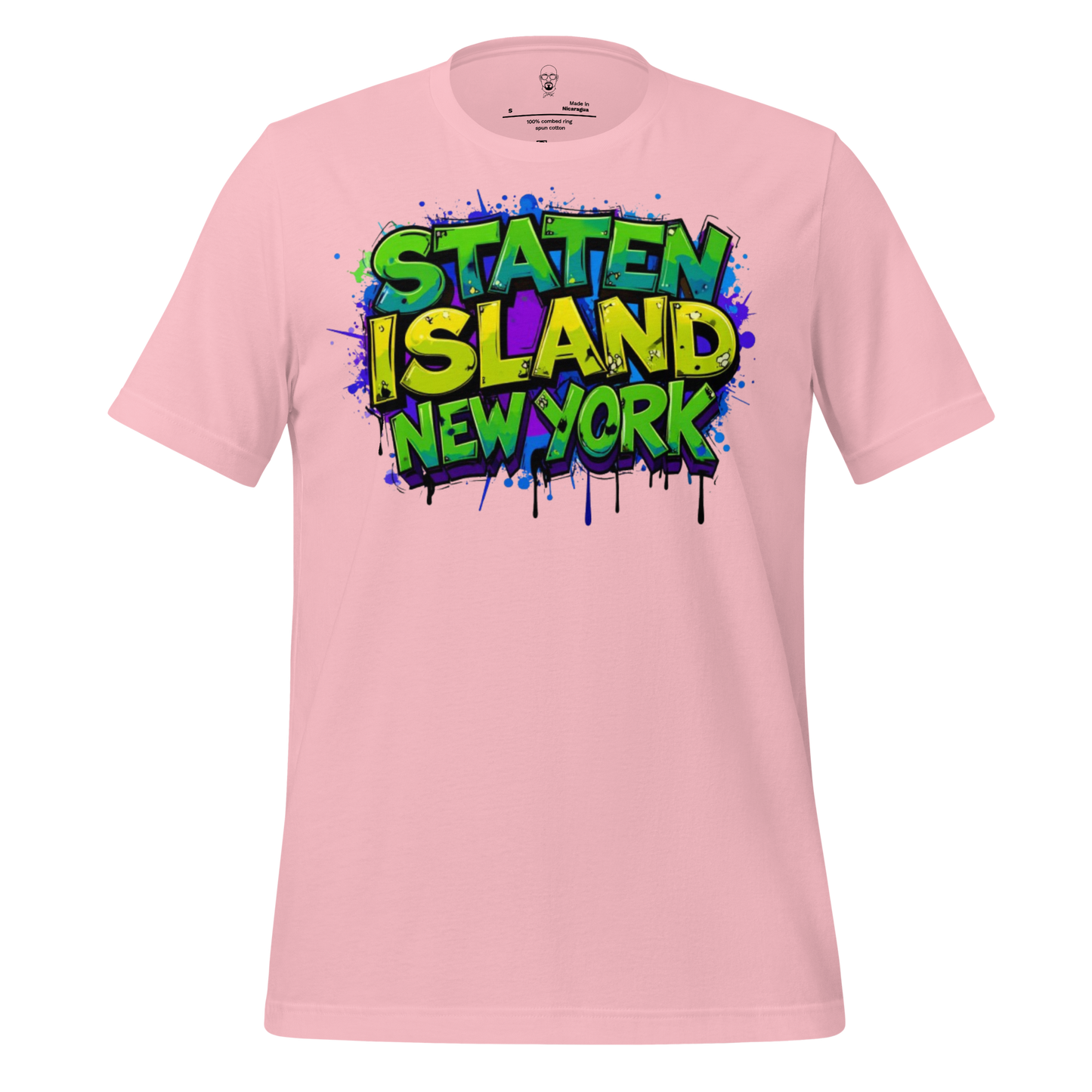 Pink Staten Island t-shirt with colorful graffiti style Staten Island New York text design