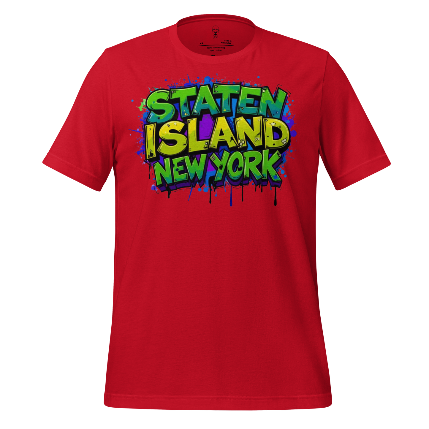 Red Staten Island t-shirt by JMK Drip with colorful graffiti style Staten Island New York text