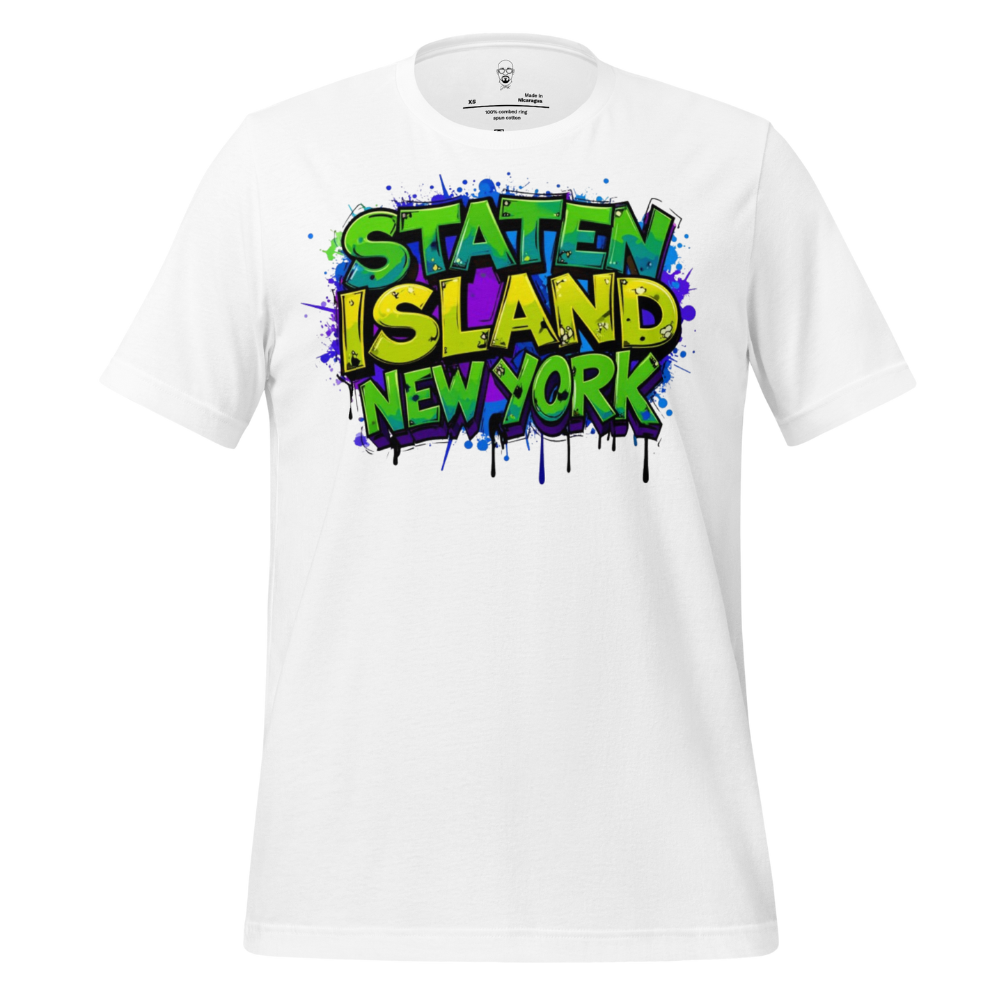 White Staten Island t-shirt with colorful graffiti style text design by JMK Drip