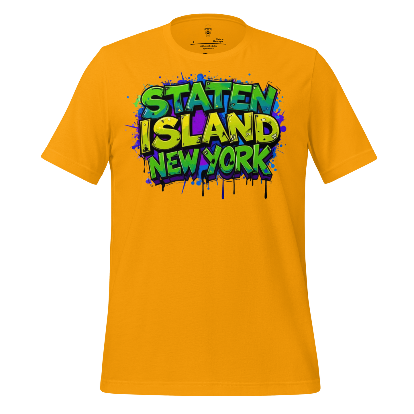 JMK Drip yellow Staten Island t-shirt with vibrant graffiti style Staten Island New York text