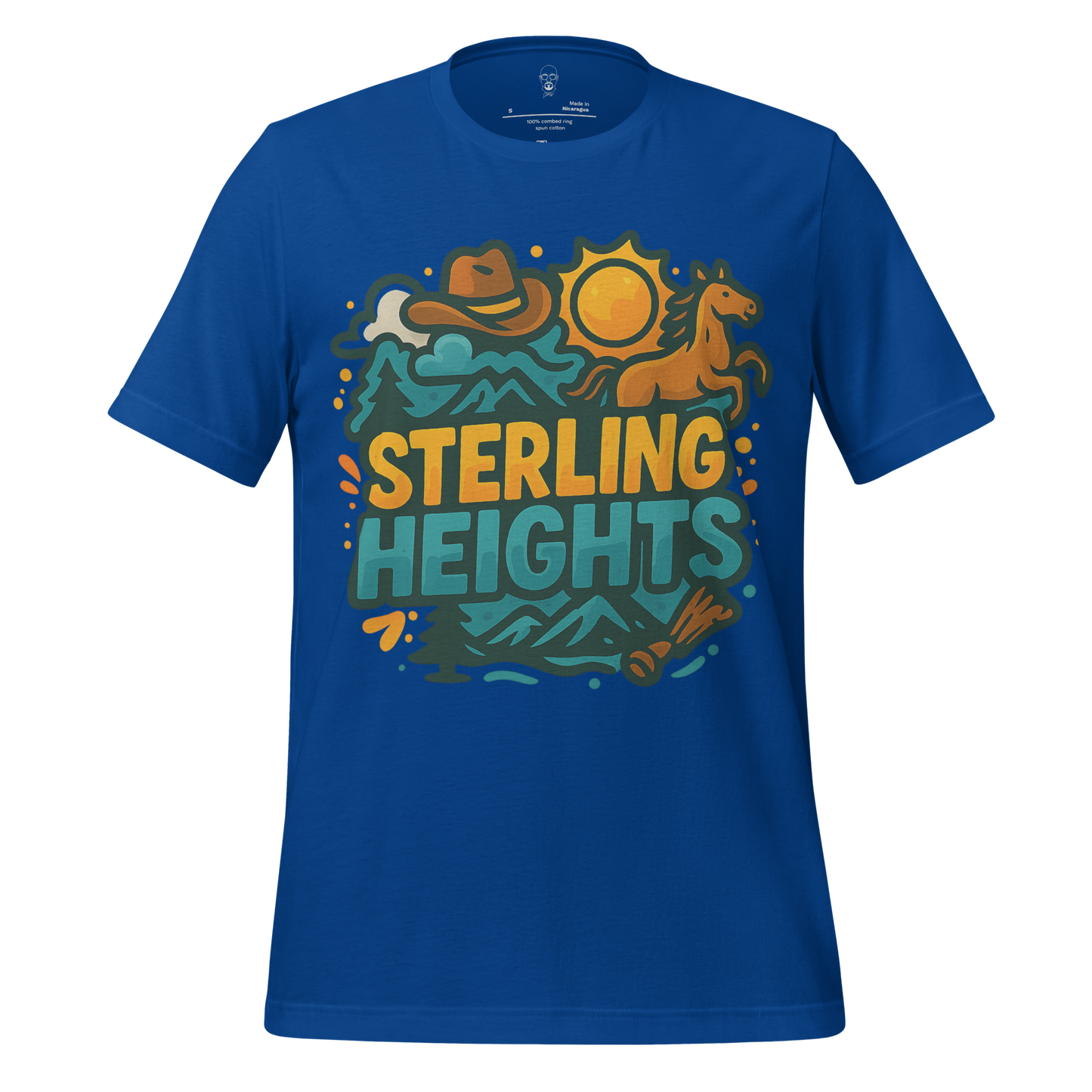 Blue Sterling Heights Graphic T-Shirt by JMK Drip with cowboy hat, horse, sun, and mountain design
