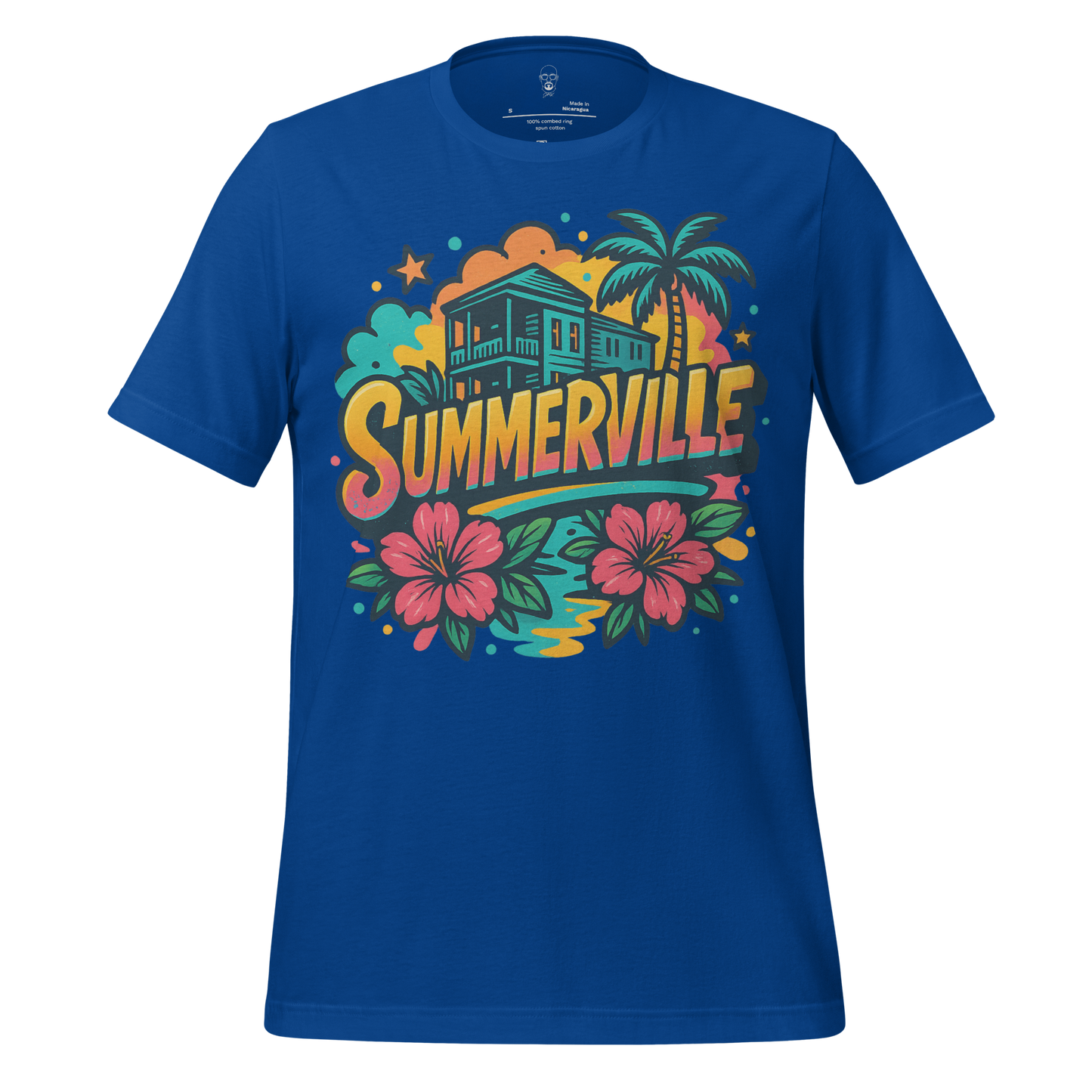 Blue Summerville graphic t-shirt with tropical house, palm tree, and colorful hibiscus flowers design