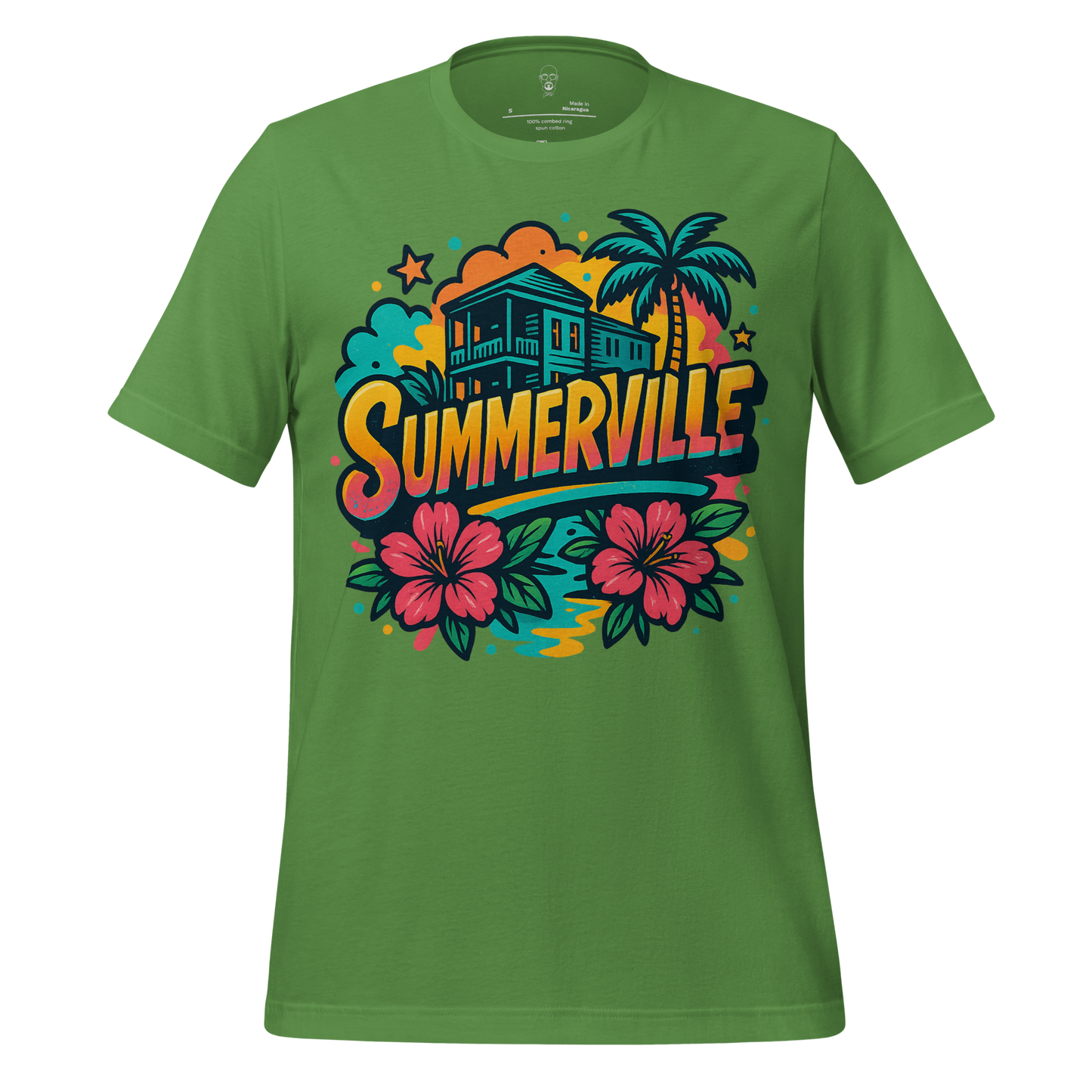 Green JMK Drip Summerville graphic t-shirt with tropical house, palm tree, and hibiscus flower design
