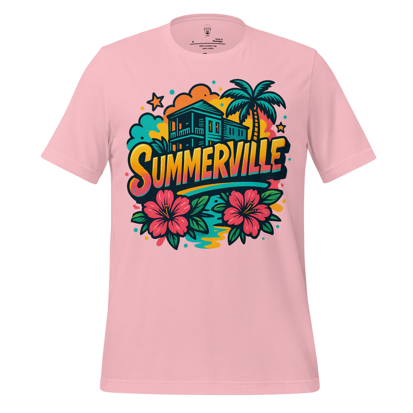 Pink Summerville graphic t-shirt by JMK Drip with tropical house, palm tree, and hibiscus flower design