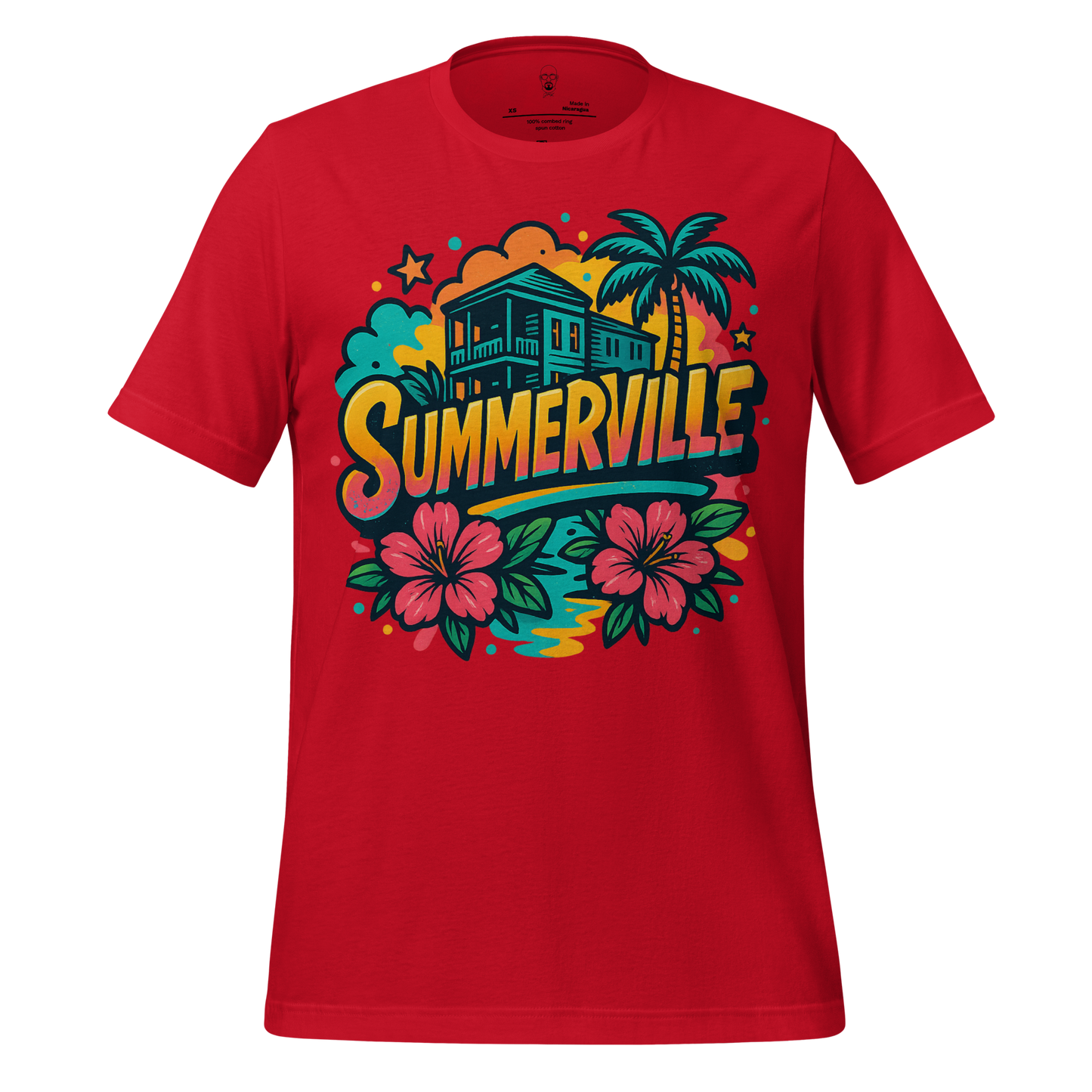 JMK Drip red Summerville graphic t-shirt with tropical house, palm tree, and floral design