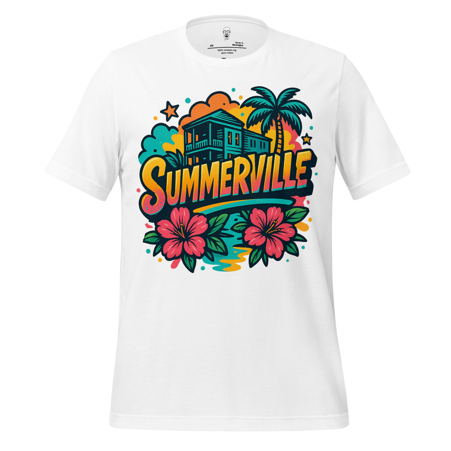 White JMK Drip Summerville graphic t-shirt with colorful tropical house, palm tree, and hibiscus flowers design