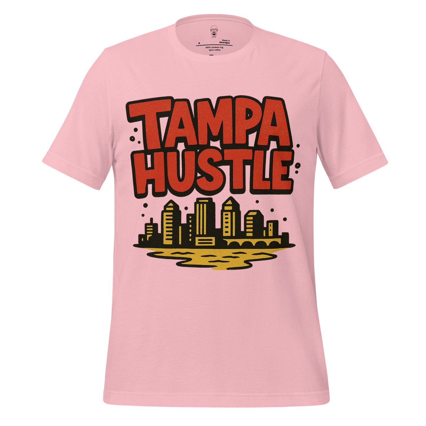 Pink Tampa Graphic T-Shirt with bold Tampa Hustle text and city skyline illustration