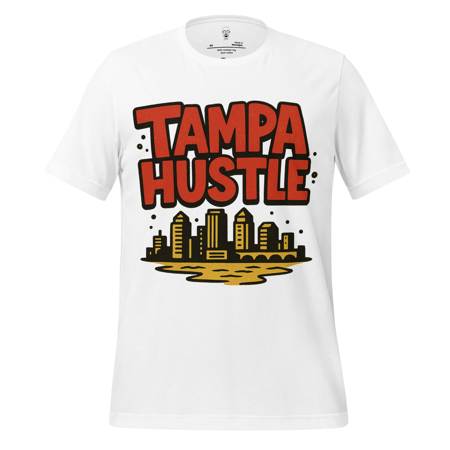 White Tampa Graphic T-Shirt with red Tampa Hustle text and city skyline design