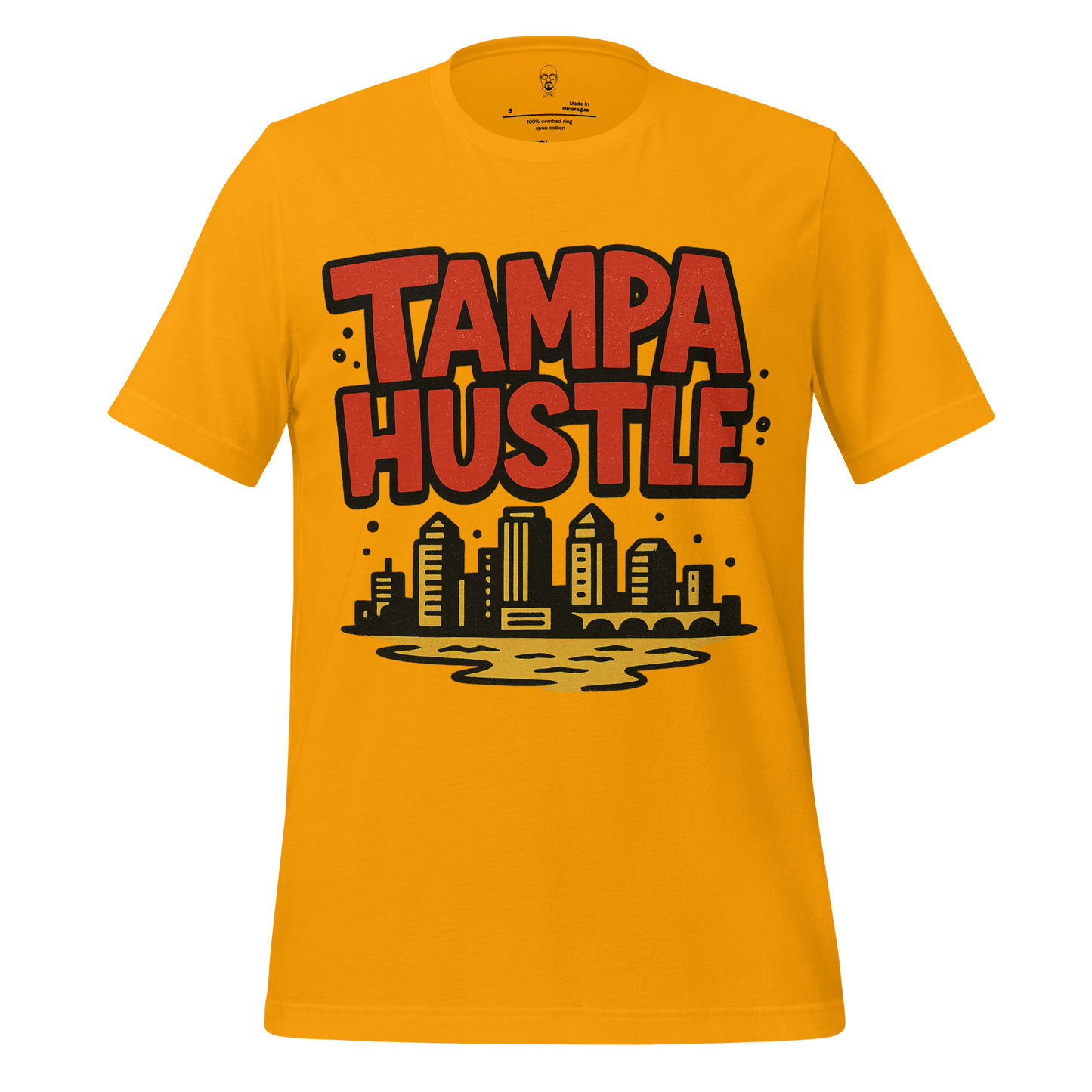 Yellow Tampa Graphic T-Shirt featuring Tampa Hustle text and city skyline design