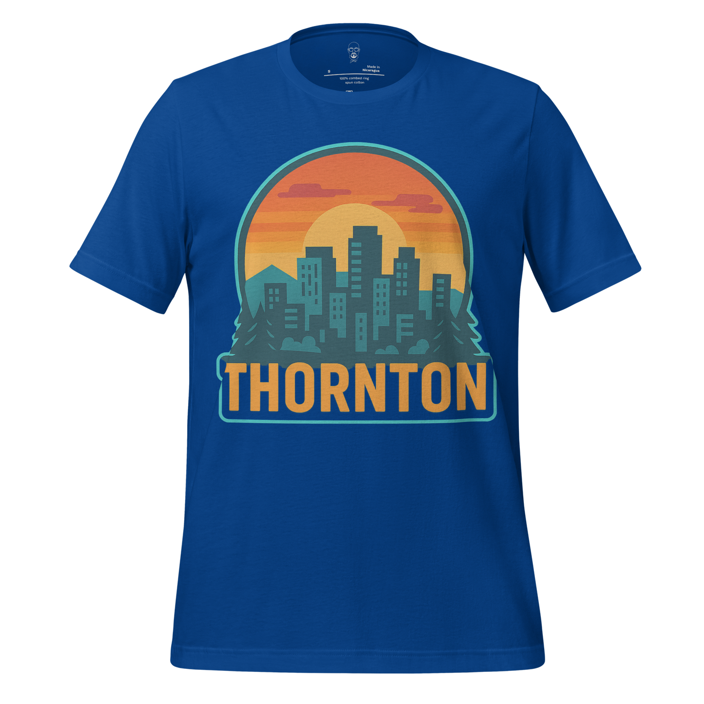 Blue Thornton Graphic T-Shirt with city skyline and sunset design by JMK Drip