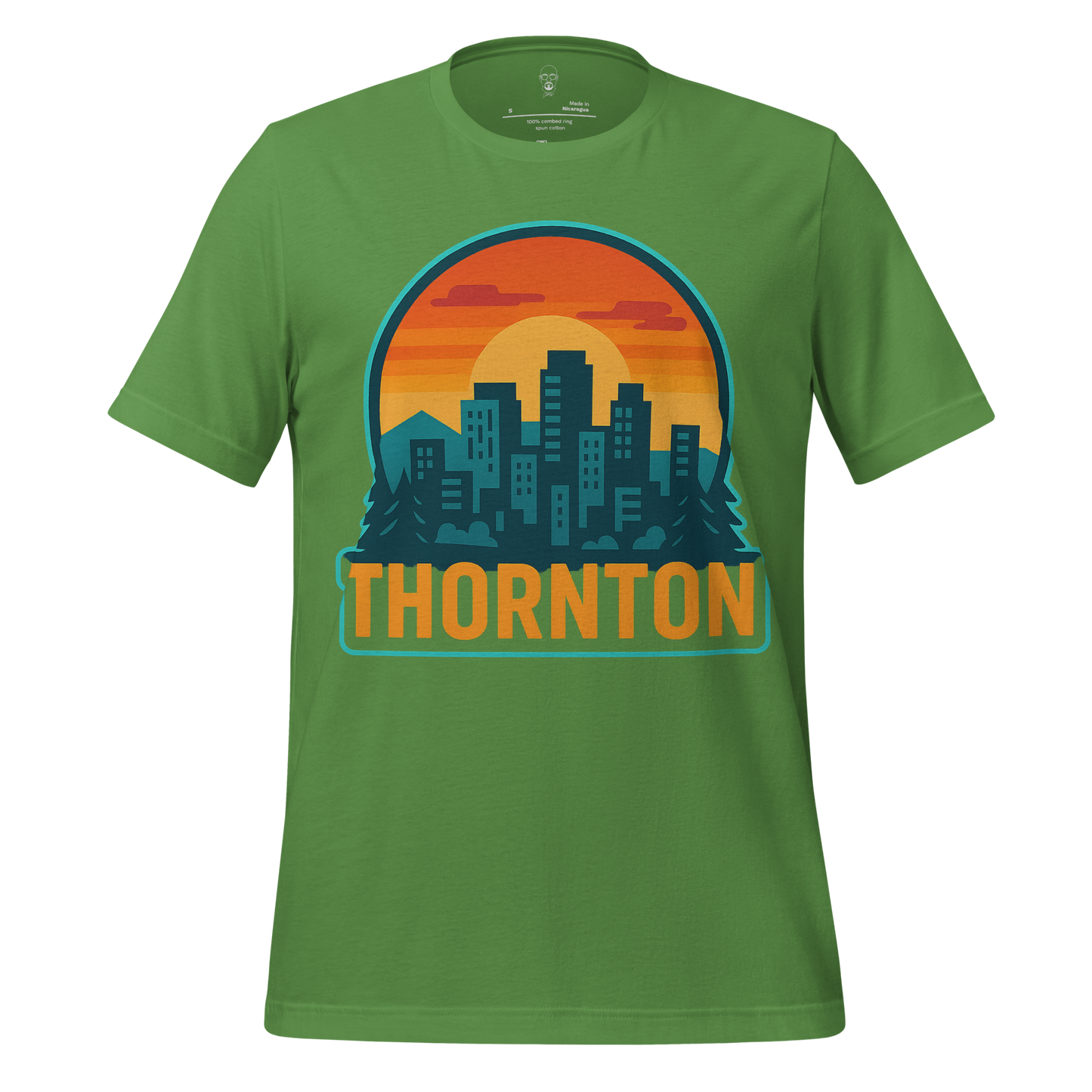 Green JMK Drip Thornton Graphic T-Shirt with city skyline and sunset design on front