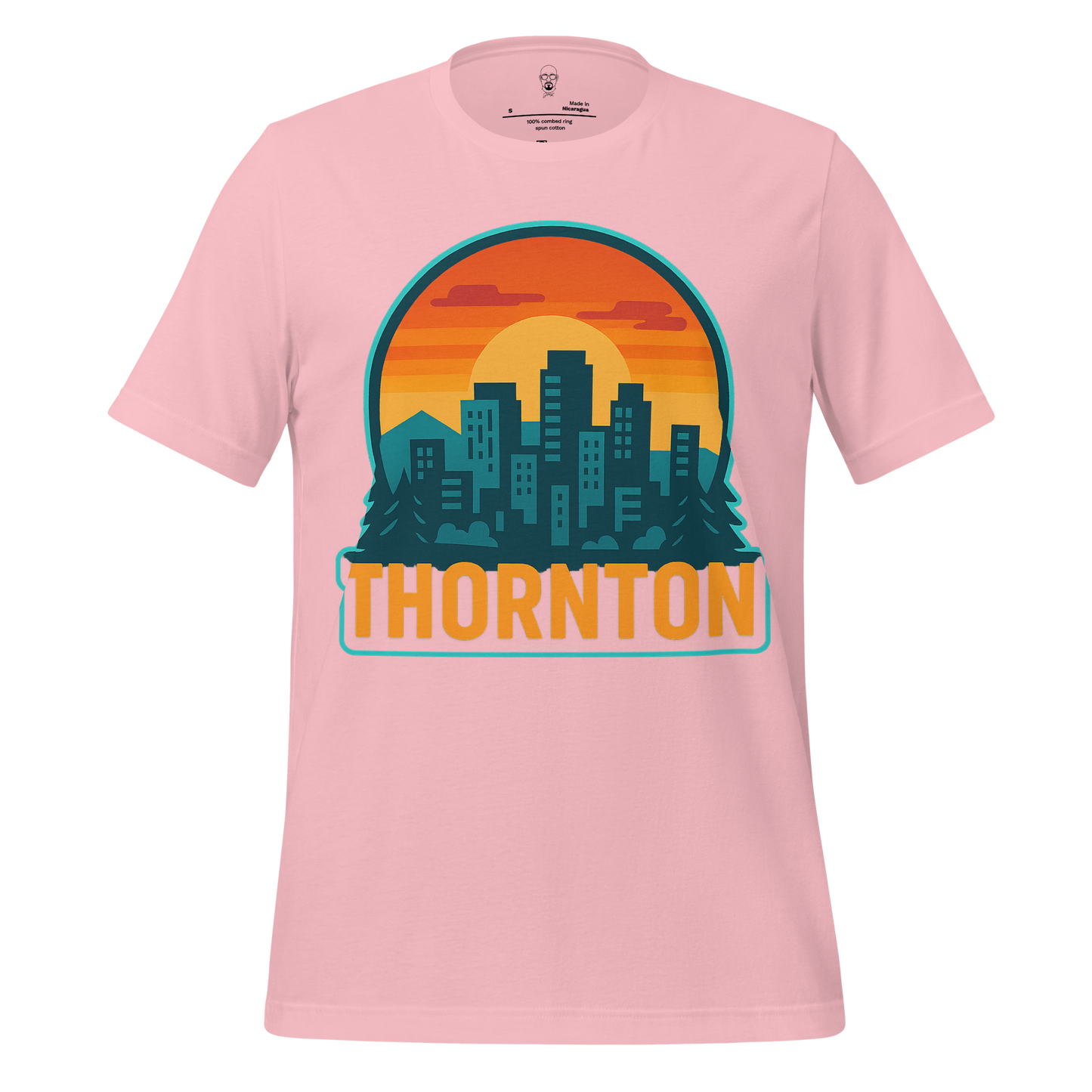 JMK Drip pink Thornton Graphic T-Shirt with city skyline and sunset design