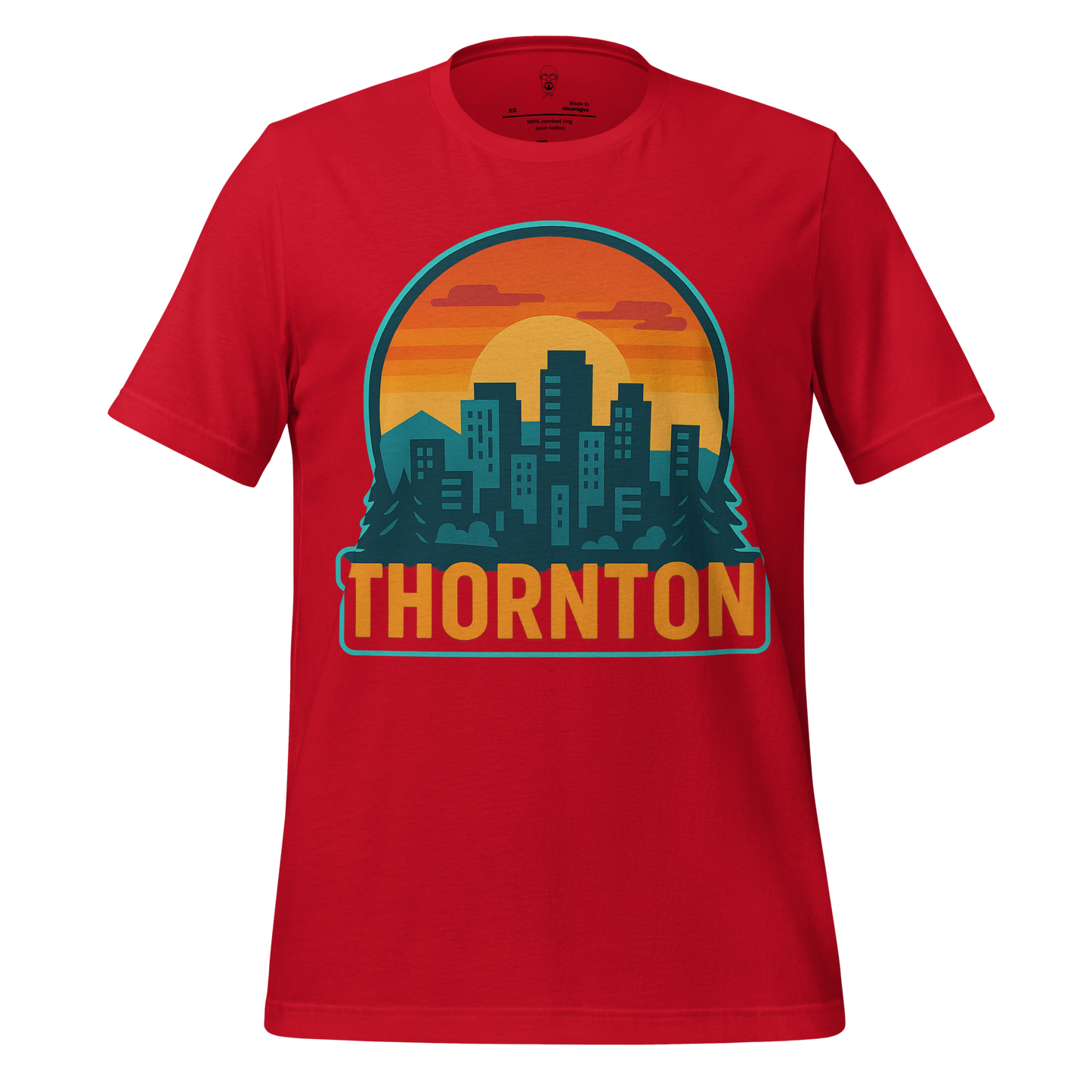 Red Thornton Graphic T-Shirt with city skyline and sunset design by JMK Drip
