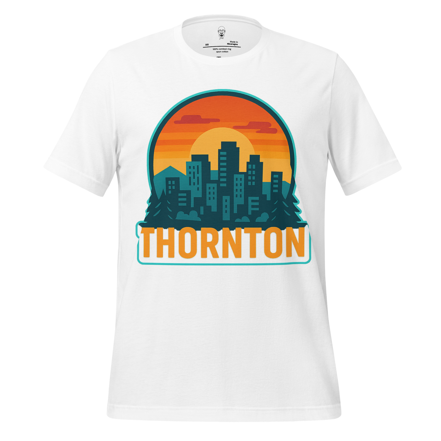 White Thornton Graphic T-Shirt with city skyline and sunset design by JMK Drip