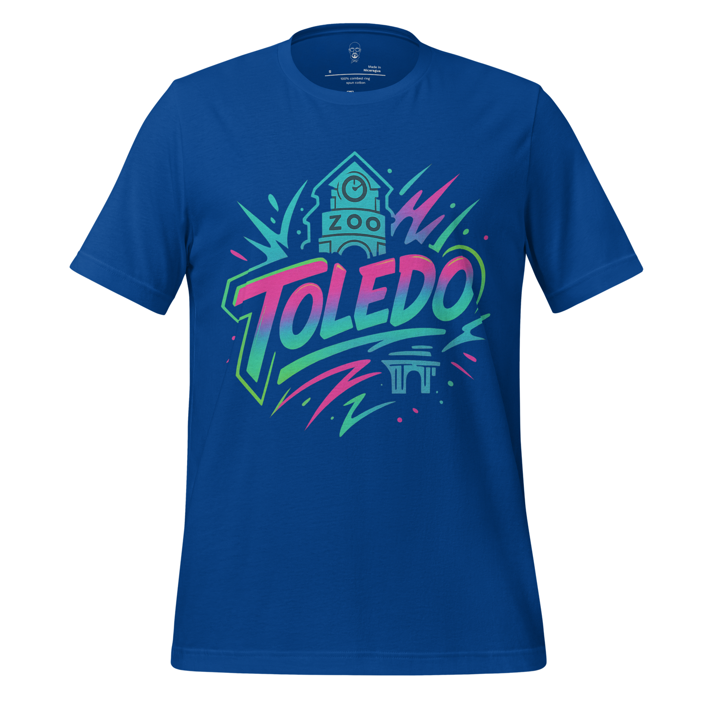 JMK Drip Toledo Graphic T-Shirt in blue with colorful retro-style Toledo and zoo clock tower design