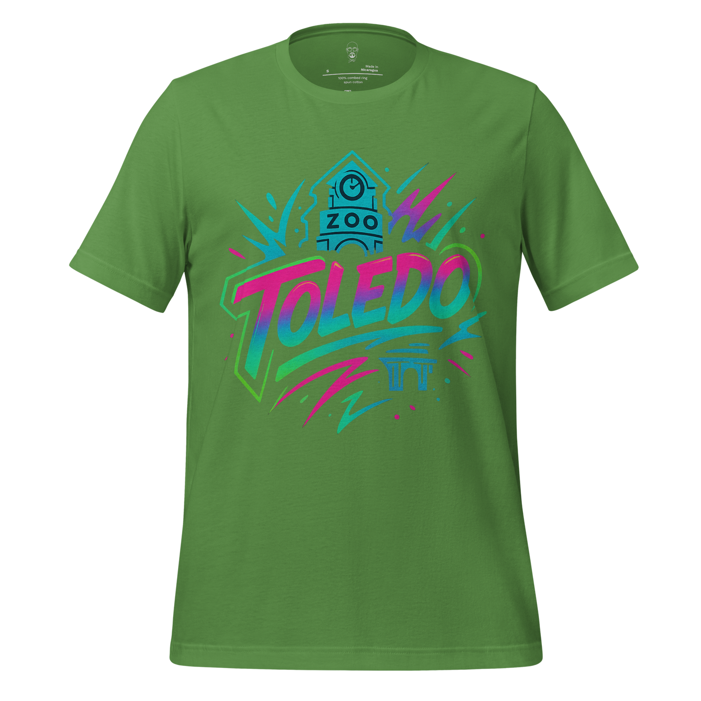 Green Toledo Graphic T-Shirt from JMK Drip with colorful clock tower and zoo design