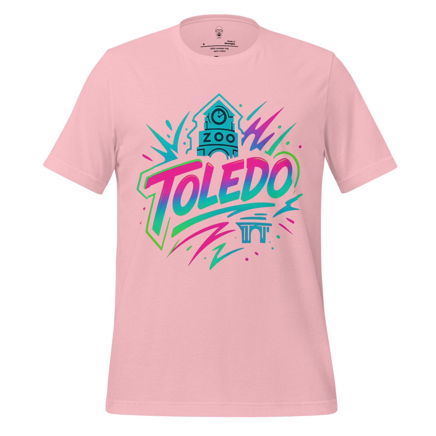 Pink Toledo Graphic T-Shirt with colorful Toledo city skyline and zoo clock tower design