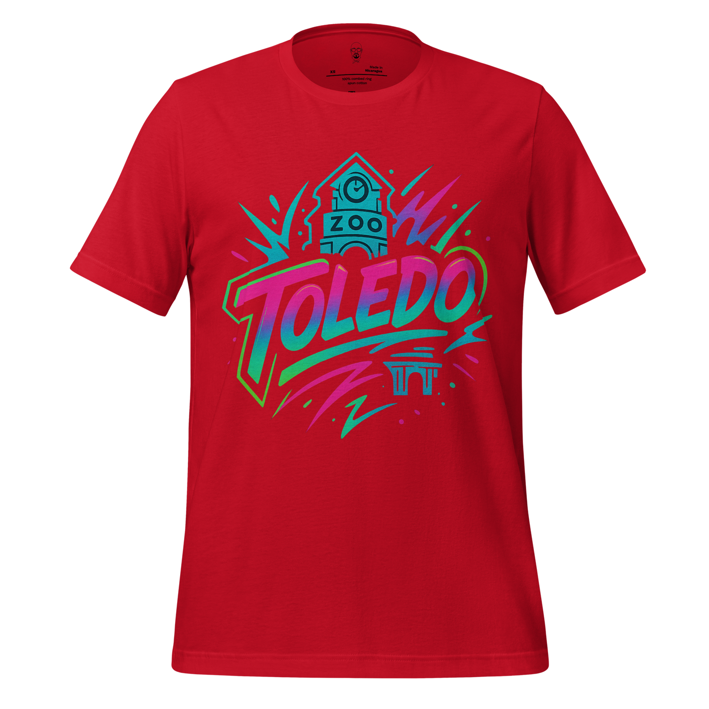 Red Toledo Graphic T-Shirt by JMK Drip with colorful Toledo Zoo and city themed design