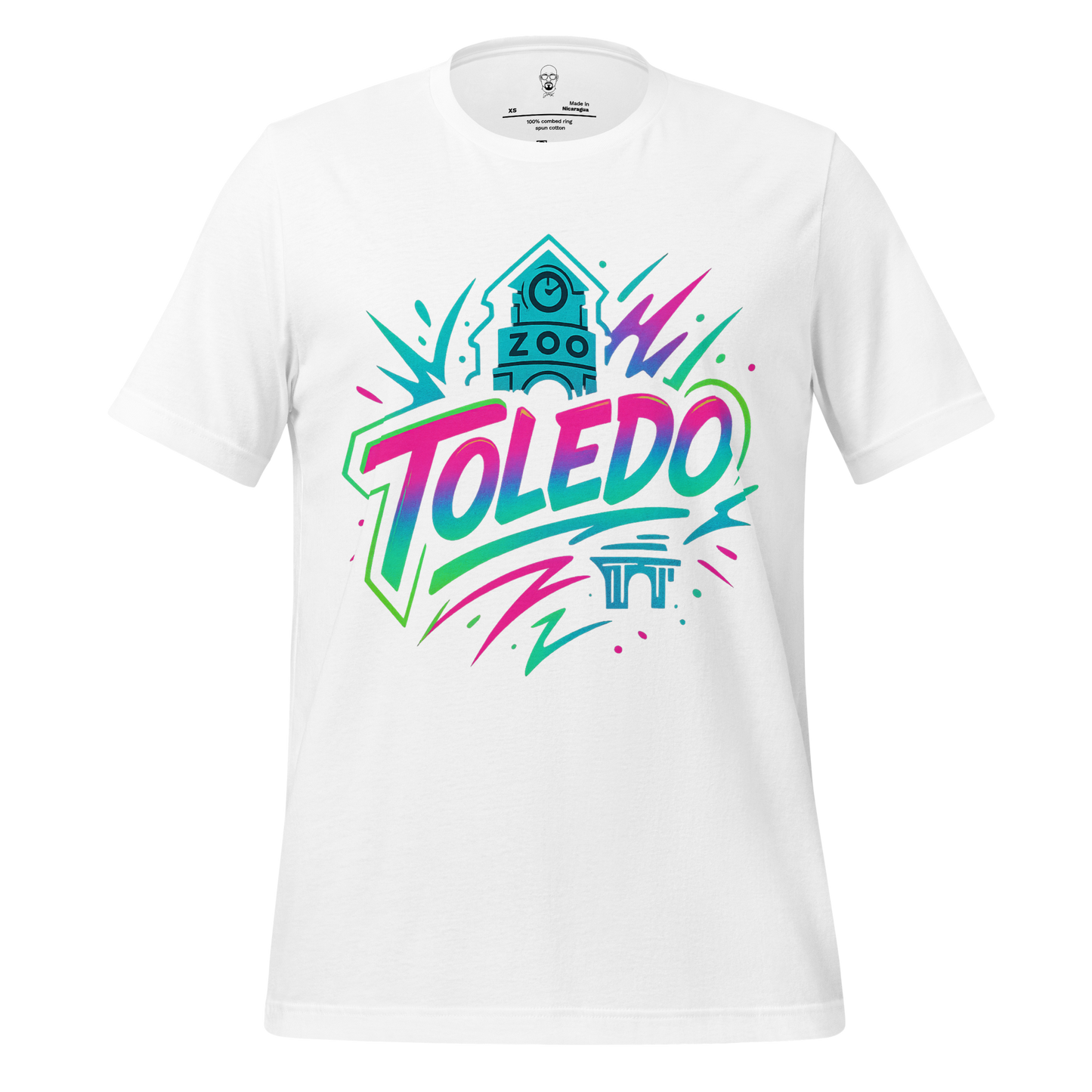 JMK Drip white Toledo Graphic T-Shirt with colorful Toledo text and zoo clock tower design