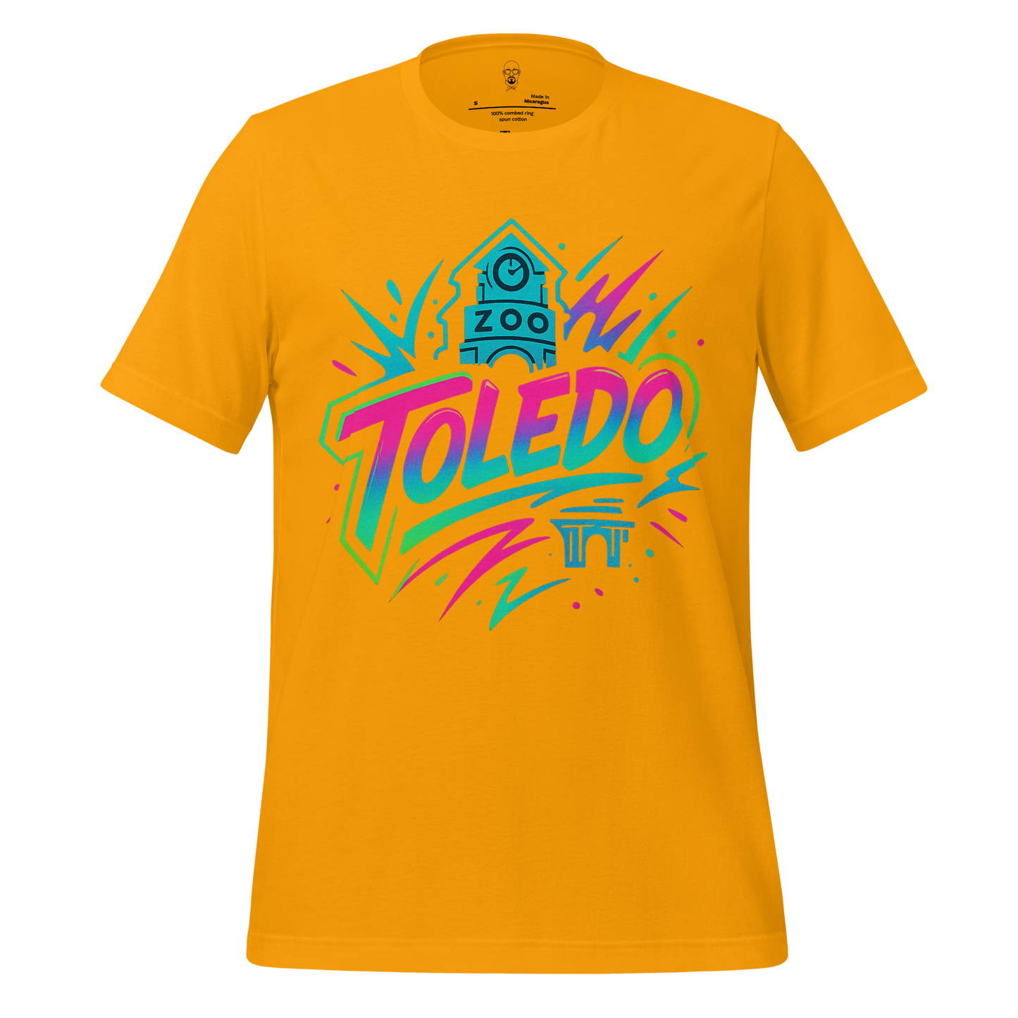 JMK Drip Toledo Graphic T-Shirt in yellow with vibrant retro style design and city landmarks