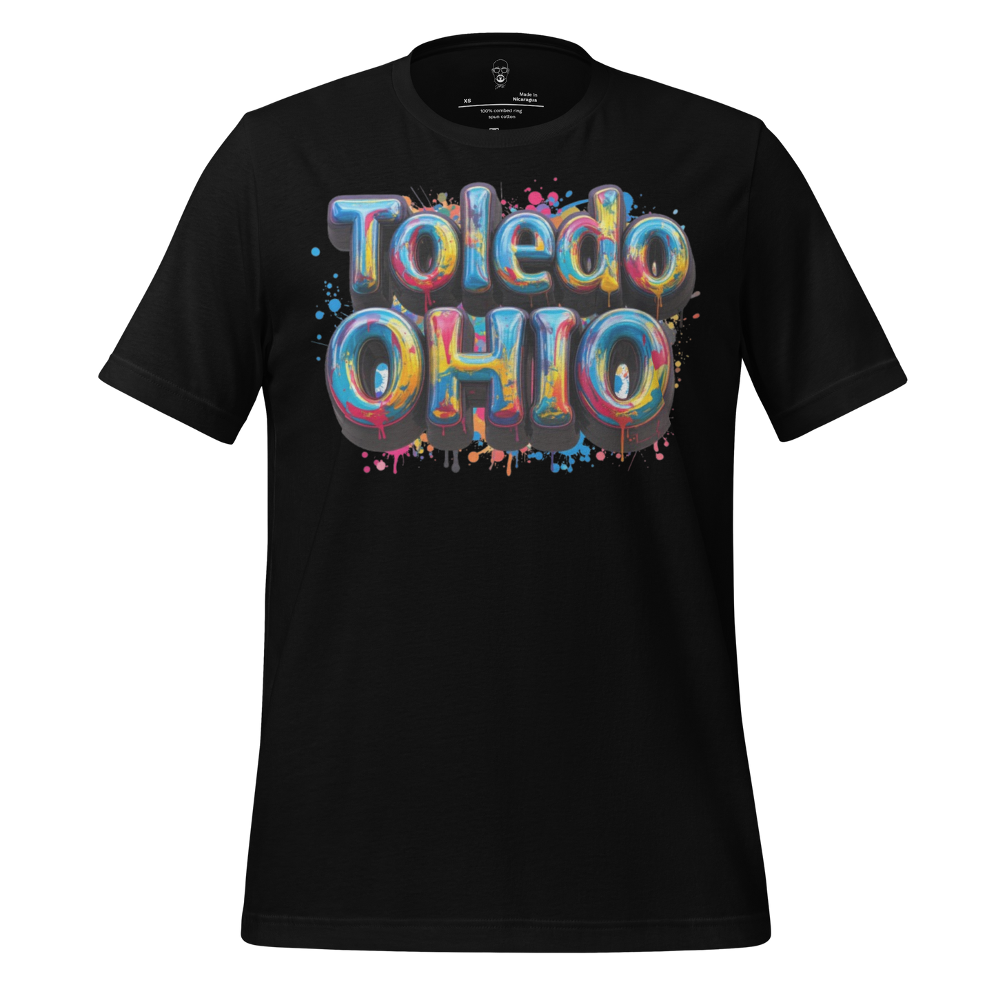 Black Toledo Ohio t-shirt with colorful graffiti-style balloon text design