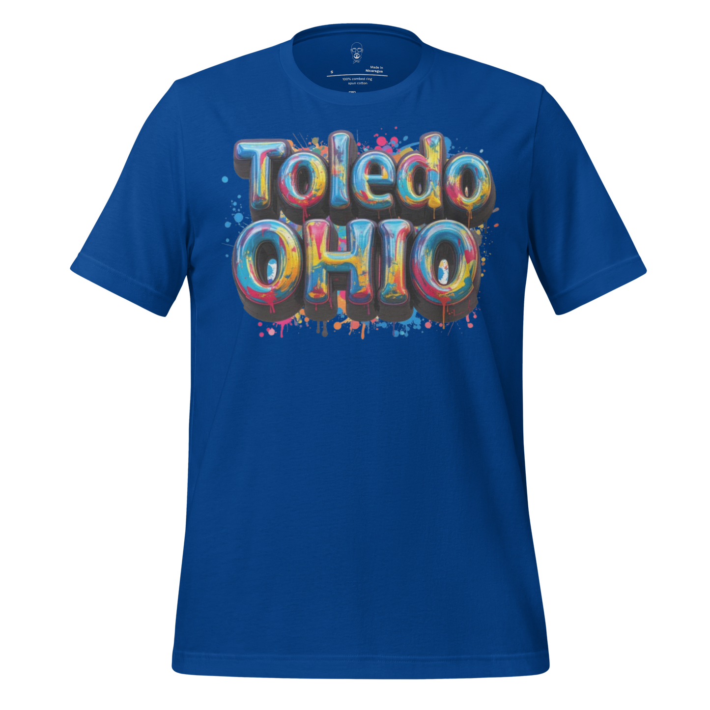 Blue Toledo Ohio t-shirt by JMK Drip with colorful balloon-style lettering and paint splatter design