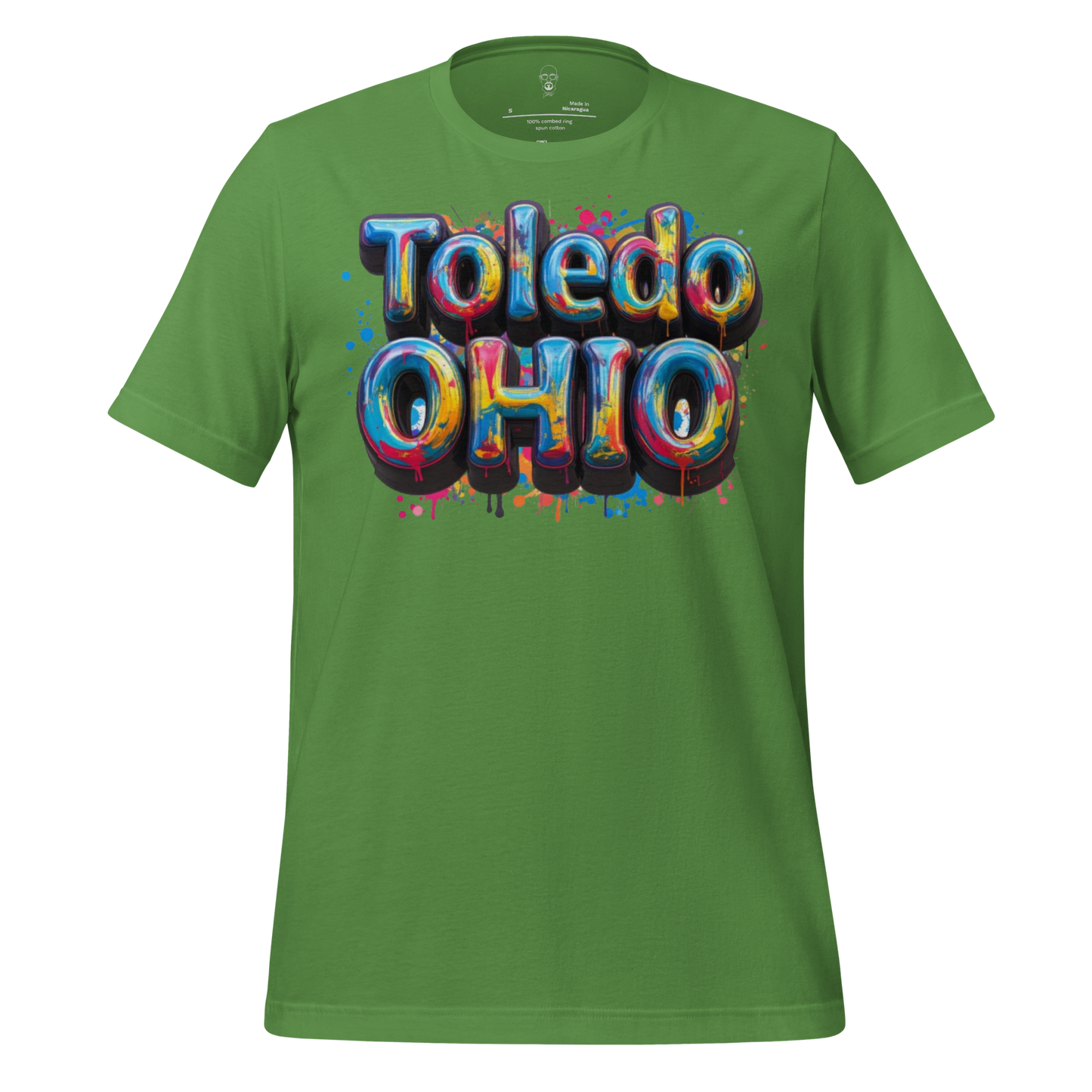 Green t-shirt with colorful Toledo Ohio text design by JMK Drip Toledo Ohio t-shirt