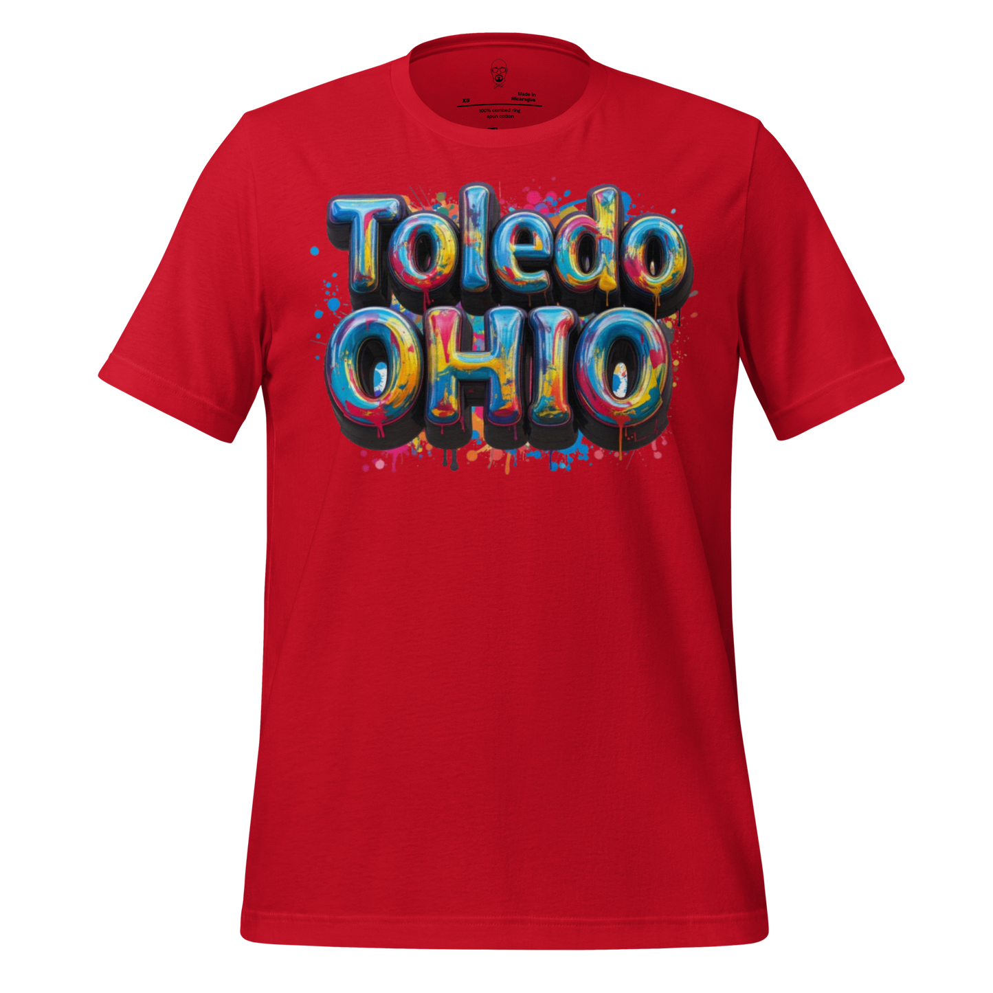 Red Toledo Ohio t-shirt with colorful graffiti style lettering and paint splatter design
