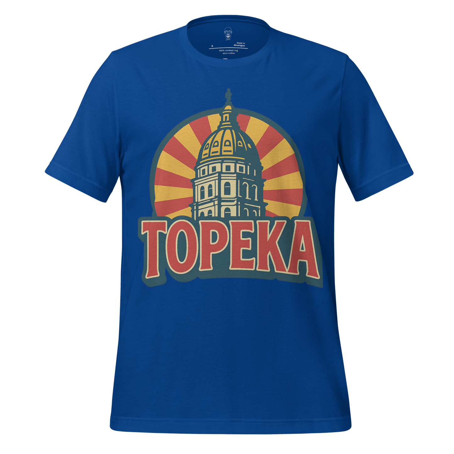 Blue Topeka t-shirt with vintage-style capitol building graphic and sunburst design