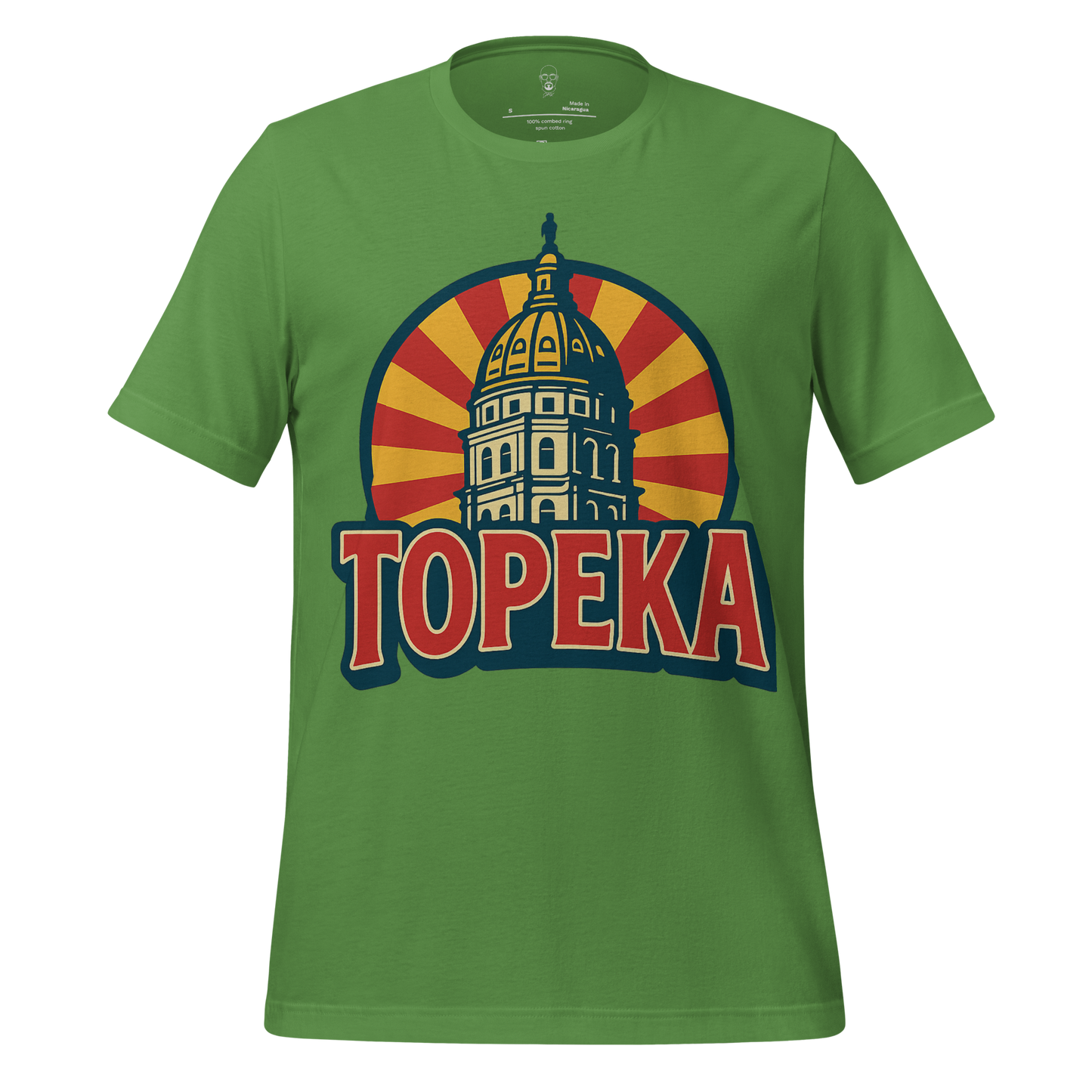 Green Topeka t-shirt by JMK Drip featuring a graphic of a domed building with sunburst background