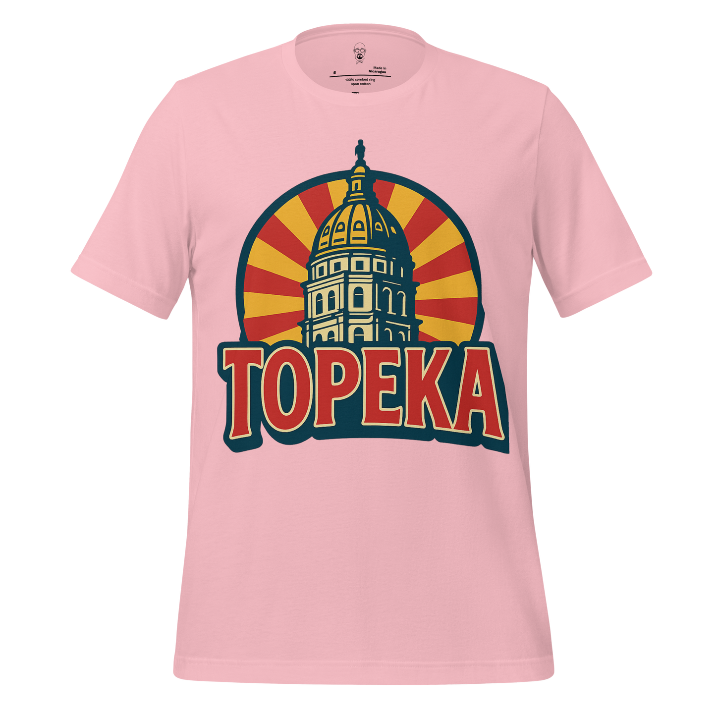 JMK Drip pink Topeka t-shirt with graphic of Kansas State Capitol dome and sunburst background