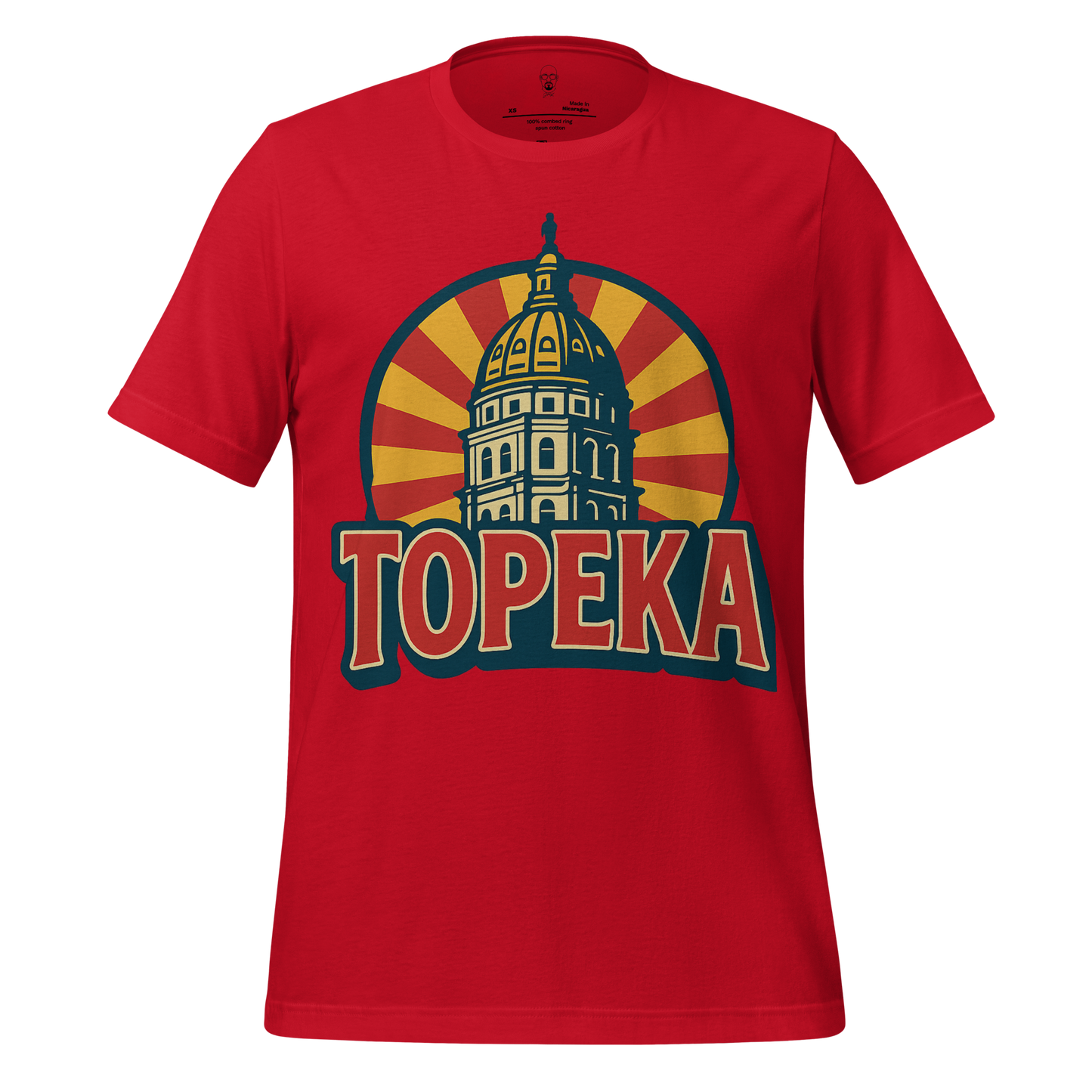 Red Topeka t-shirt with graphic of historic capitol building and sunburst design