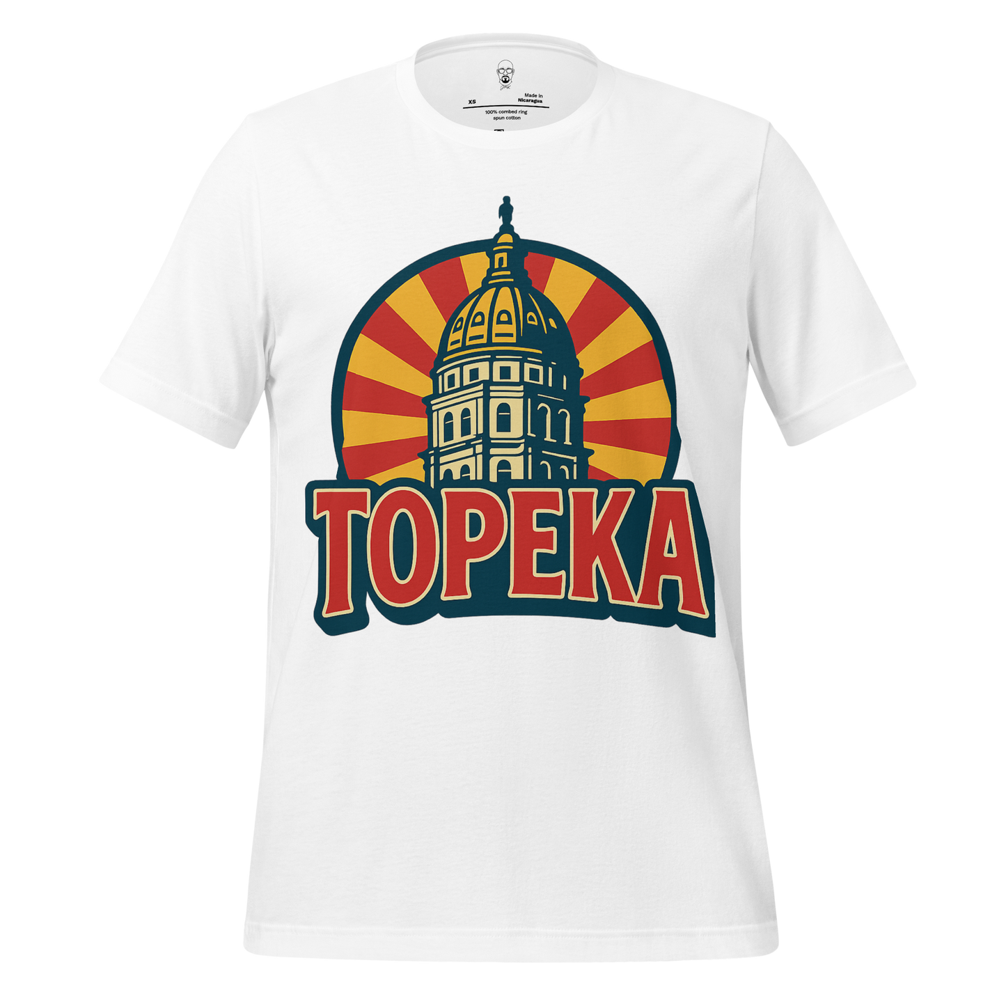 White Topeka t-shirt with colorful Kansas Capitol building graphic and bold Topeka text