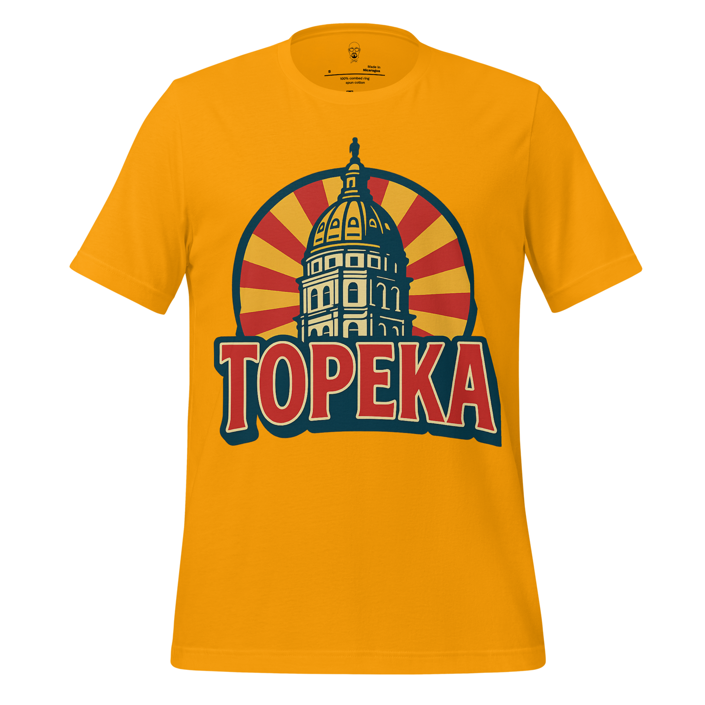 JMK Drip mustard yellow Topeka t-shirt with graphic of Topeka Capitol building and sunburst design