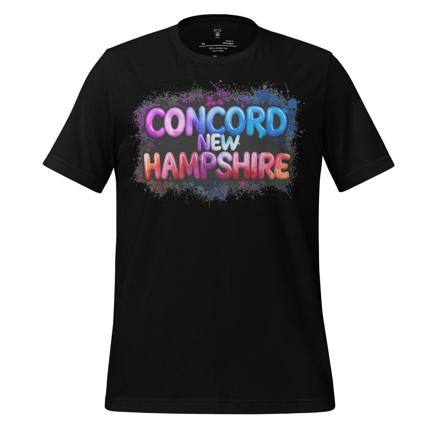 Black t-shirt with colorful Concord New Hampshire graphic text design by JMK Drip