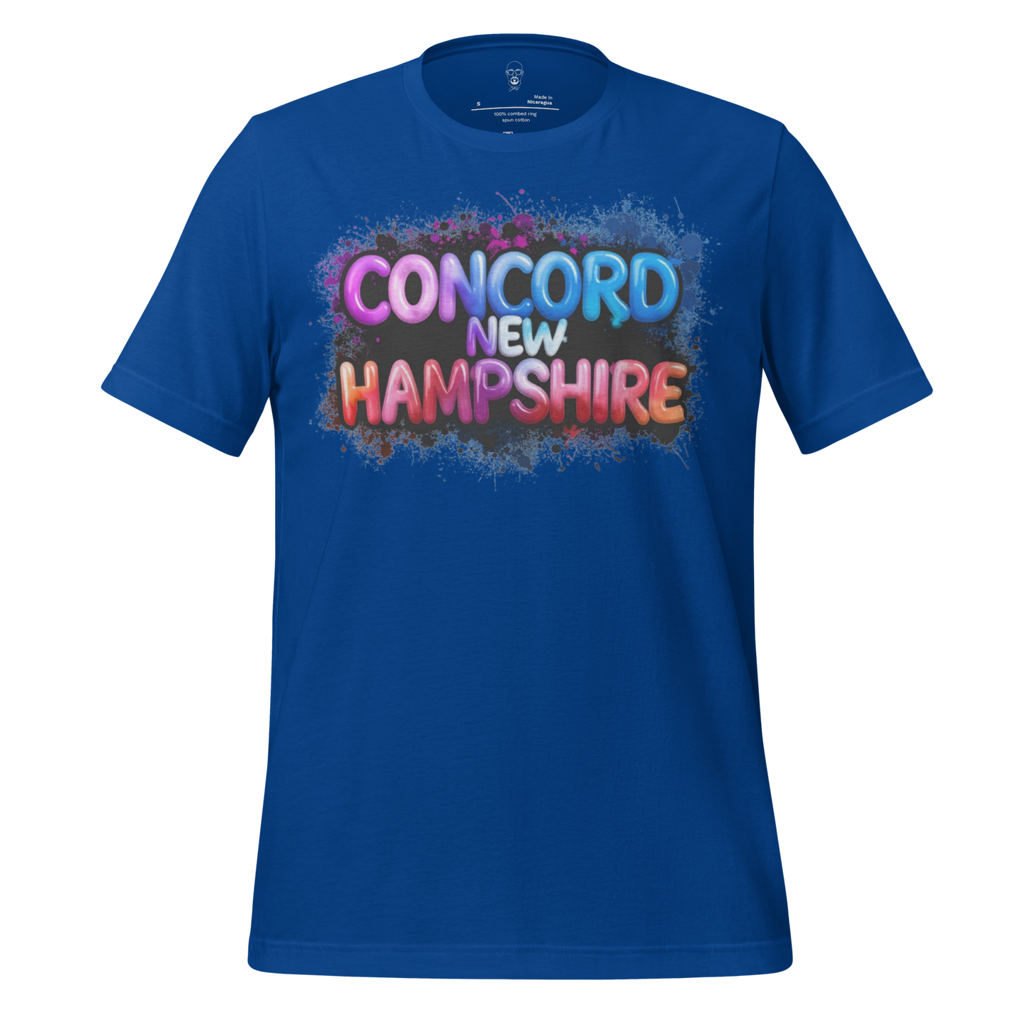 Blue JMK Drip T-shirt with colorful Concord New Hampshire text design on front