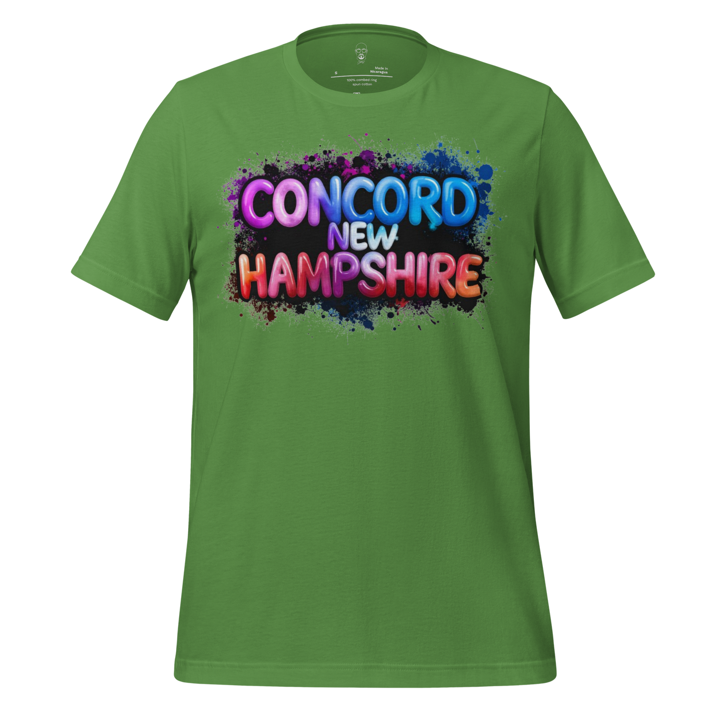 Green t-shirt with colorful Concord New Hampshire graphic design by JMK Drip