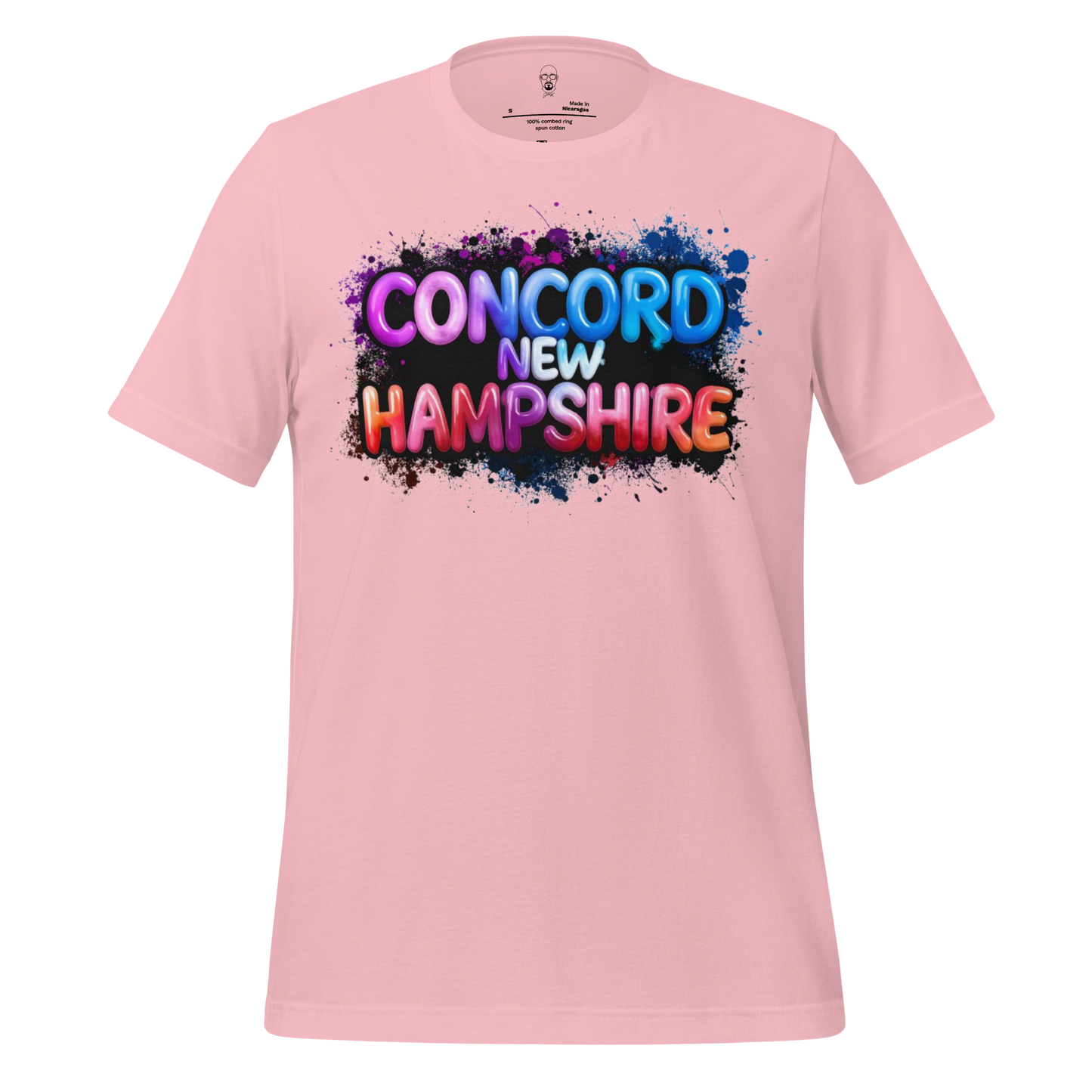 Pink T-shirt with colorful graffiti style Concord New Hampshire text design by JMK Drip