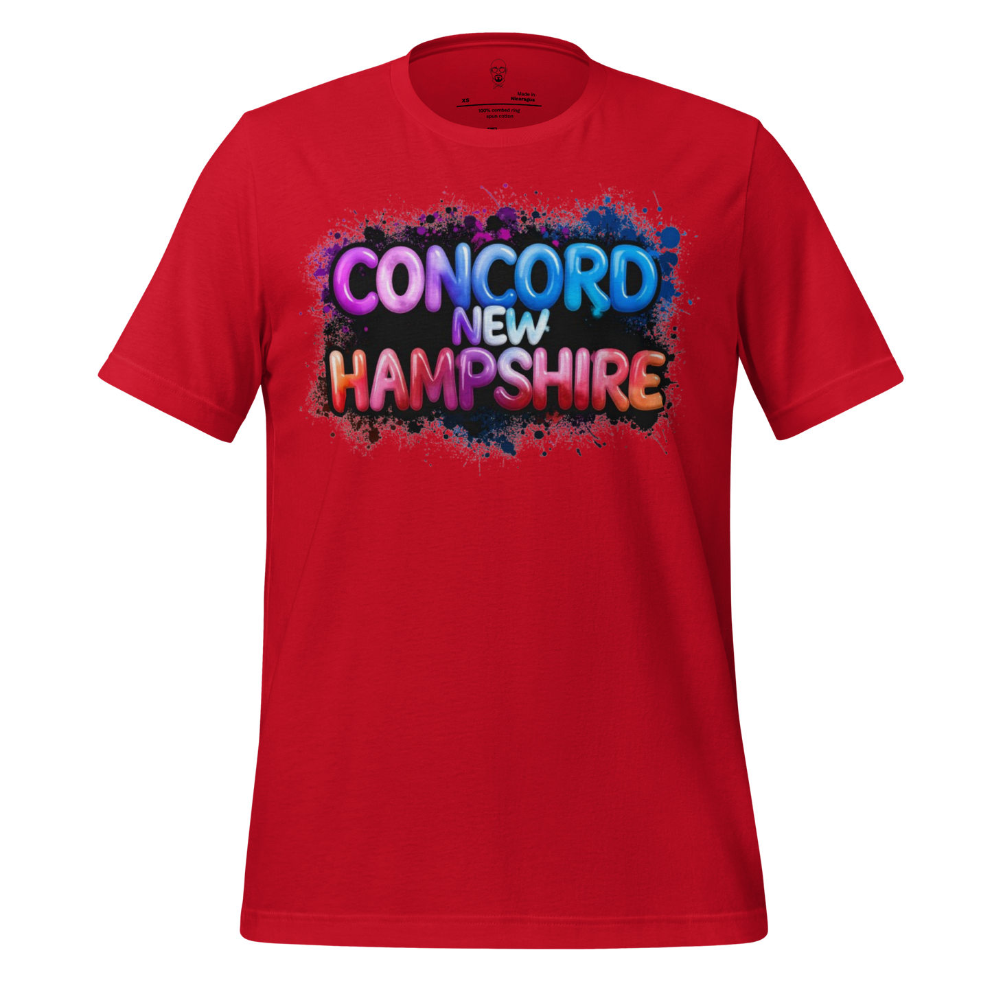 Red JMK Drip T-shirt with colorful Concord New Hampshire graffiti text design