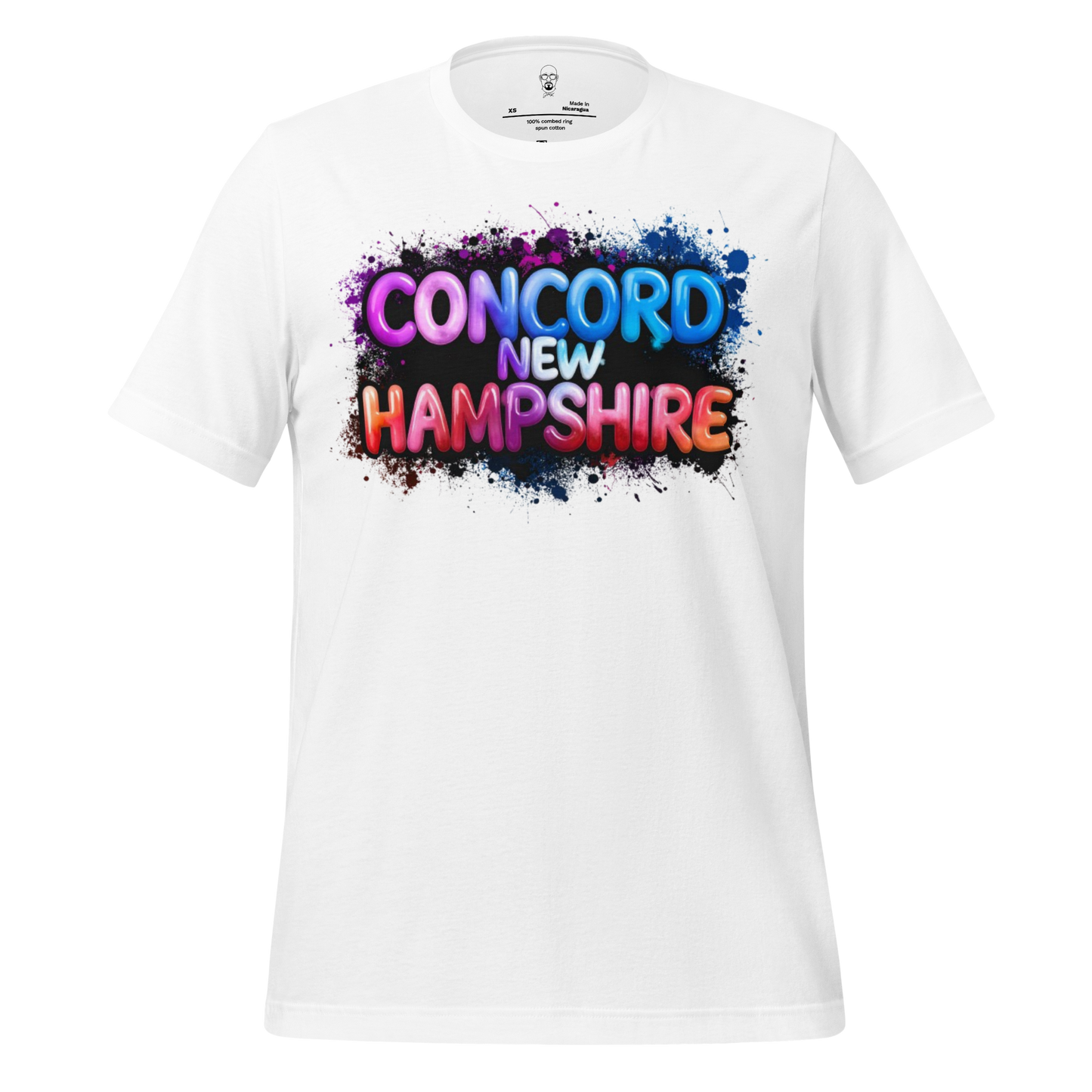 White t-shirt with colorful splatter design reading Concord New Hampshire by JMK Drip