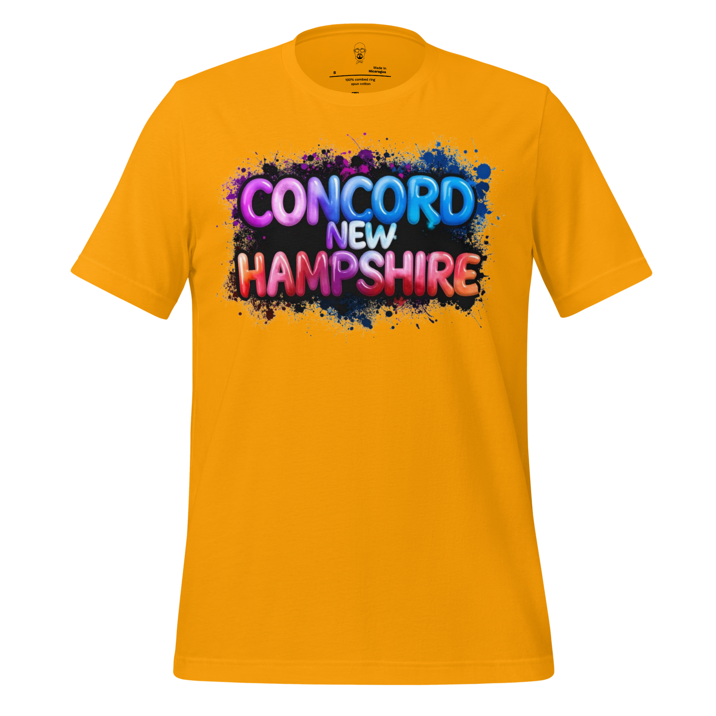 JMK Drip yellow t-shirt with colorful Concord New Hampshire graphic design