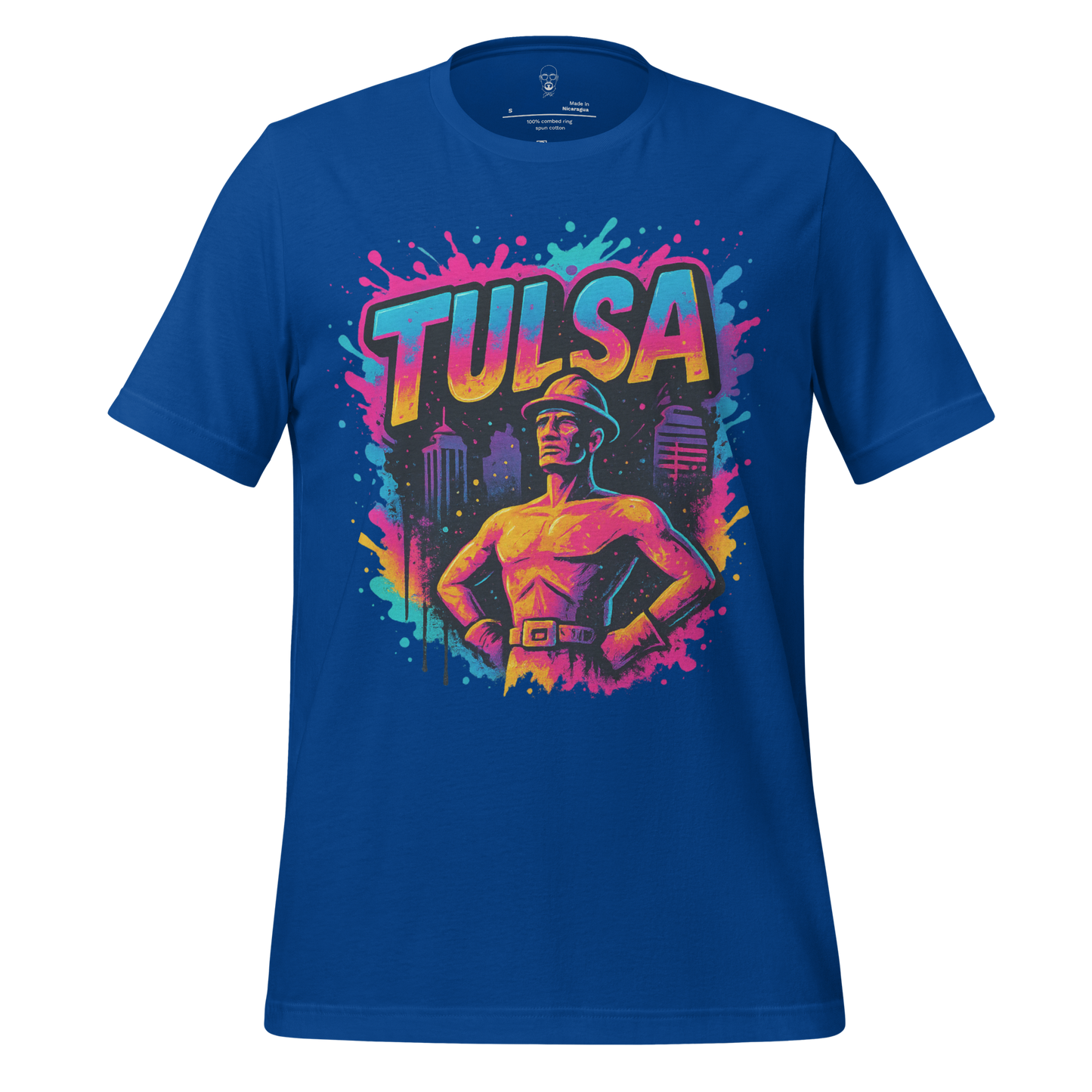 Blue Tulsa Graphic T-Shirt by JMK Drip featuring colorful Tulsa cityscape and statue design
